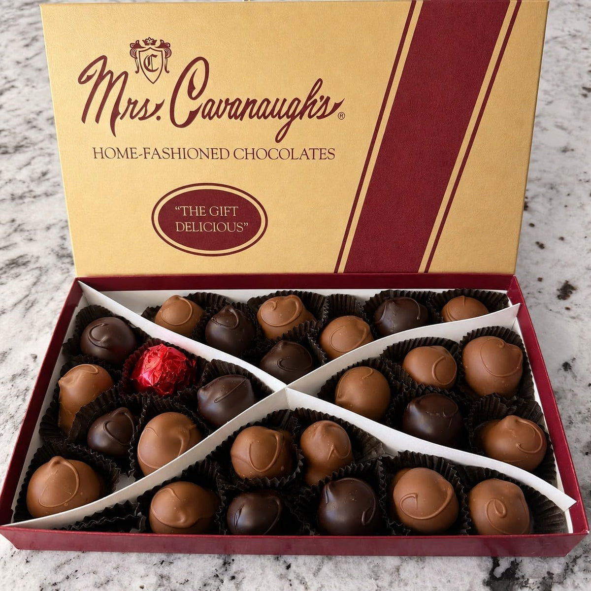 Side view of Mrs. Cavanaugh's 1lb chocolate cherry cordials box
