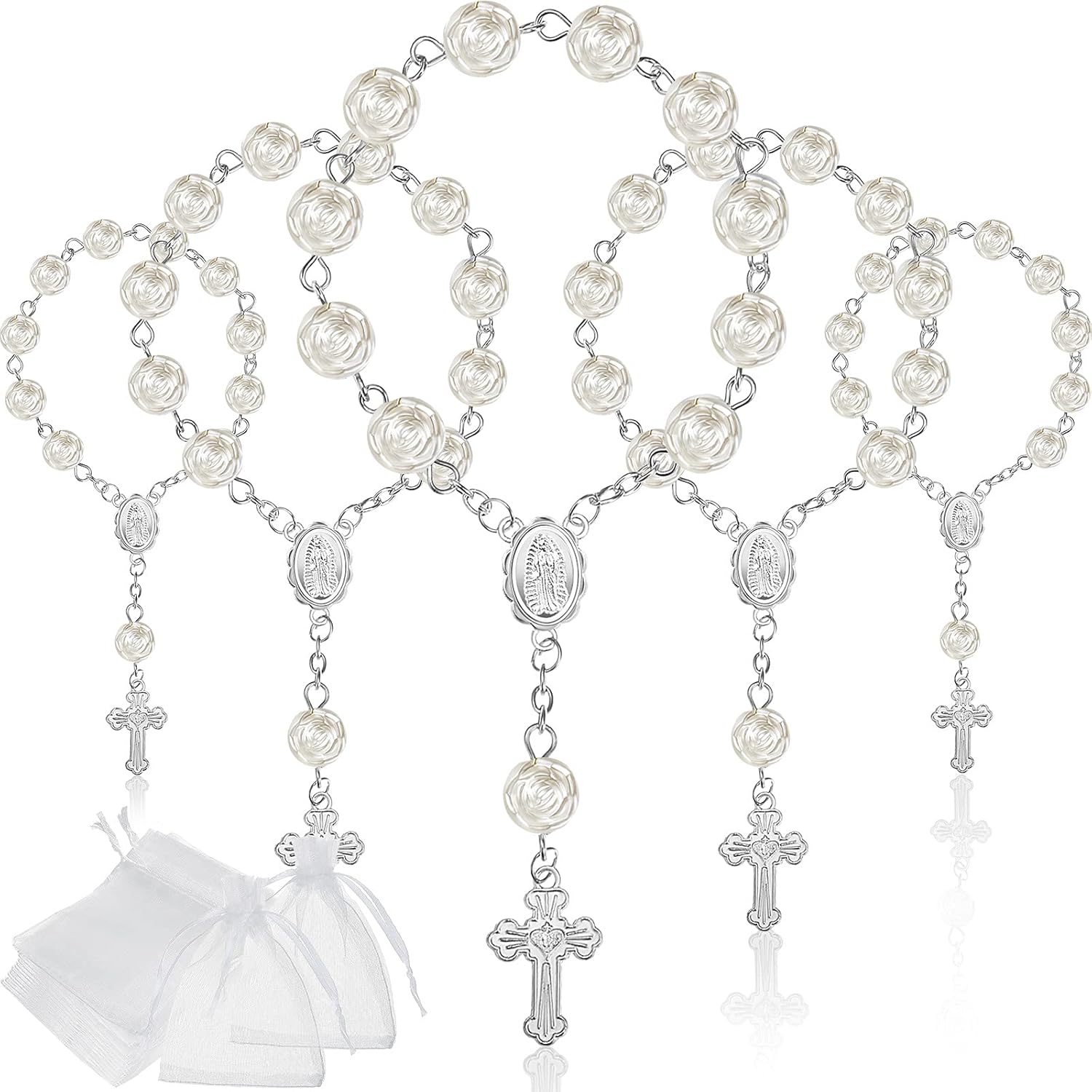Jadive 30 Pieces Mini Rosaries Baptism Beads front view showing thirty silver favors with organza bags