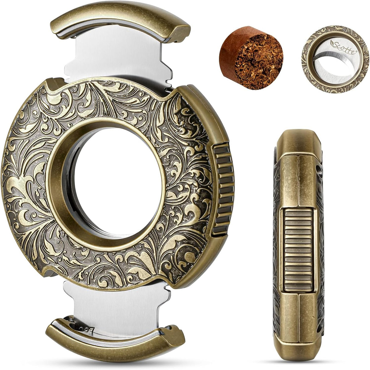 Scotte Cigar Cutter Guillotine Bronze Engraved Cigar Straight Cutter Round Shape Double Stainless Steel Blade Cigar Clipper Portable Cigar Accessories in Gift Box - Image 1