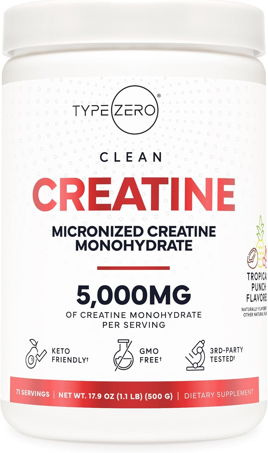 Type Zero creatine monohydrate tropical punch powder front view container