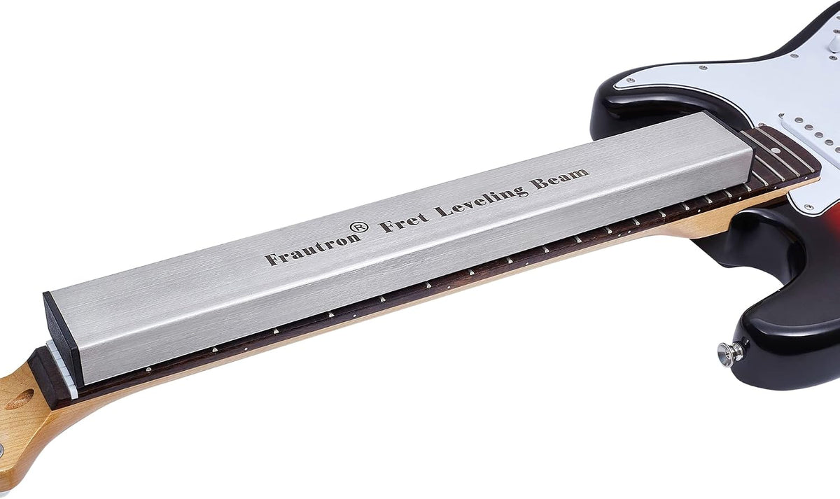 Guitar fret leveling sanding block with sandpaper strips