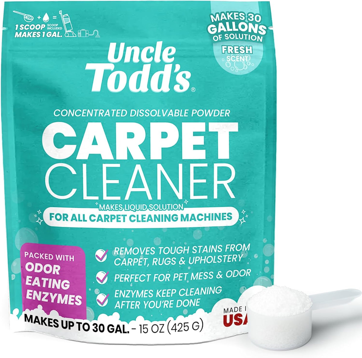 Uncle Todd's Carpet Cleaner Powder front view of 15 ounce pouch for pet stain removal.