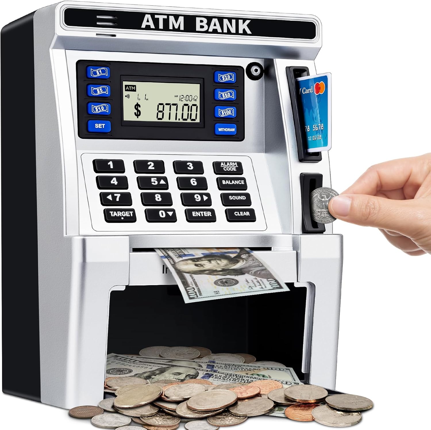 BAODLON electronic ATM piggy bank for kids front view showing the digital keypad and coin slot.