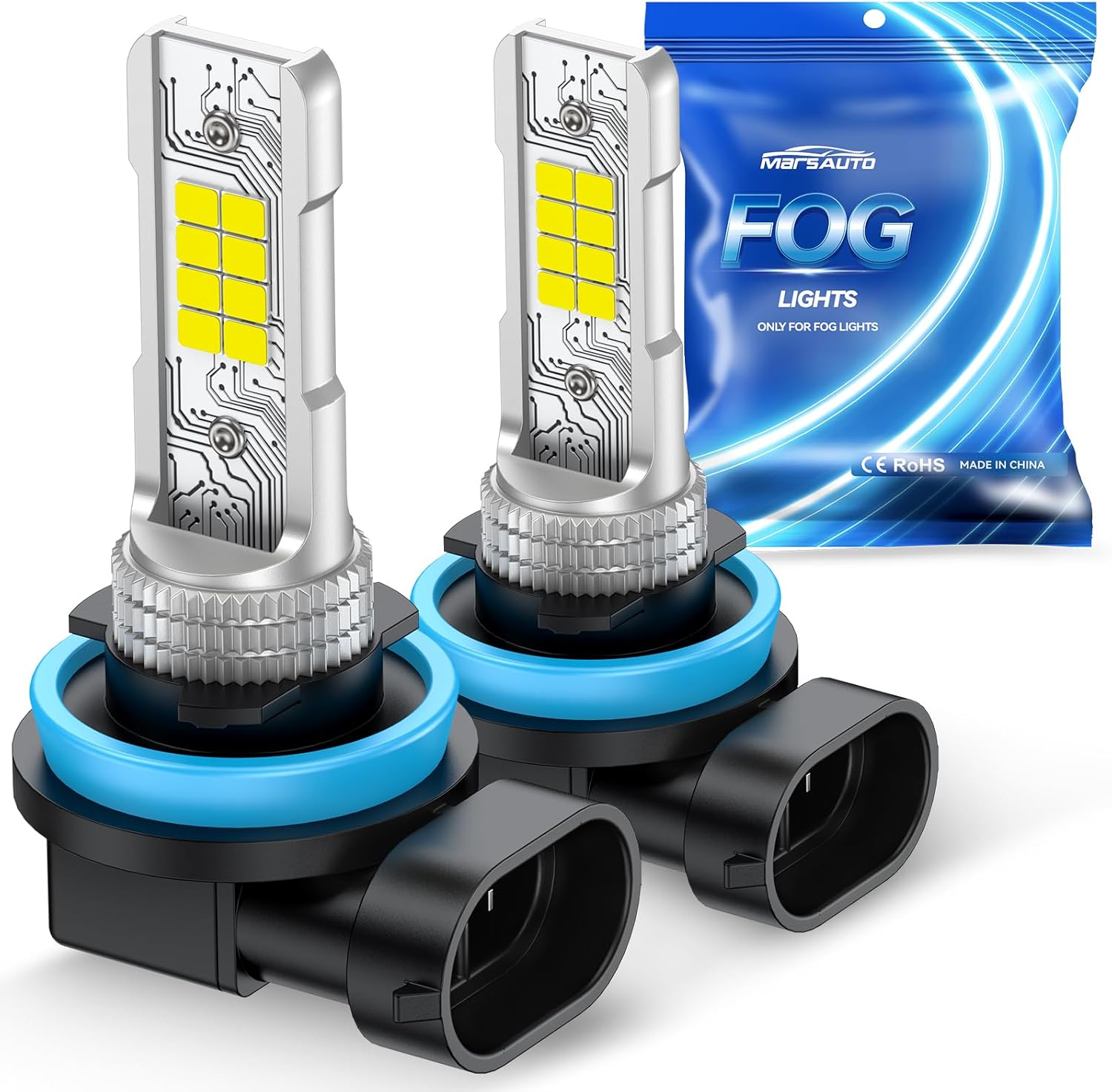 Marsauto H11 H8 LED fog light bulb twin pack front view showcasing compact one to one mini size design.
