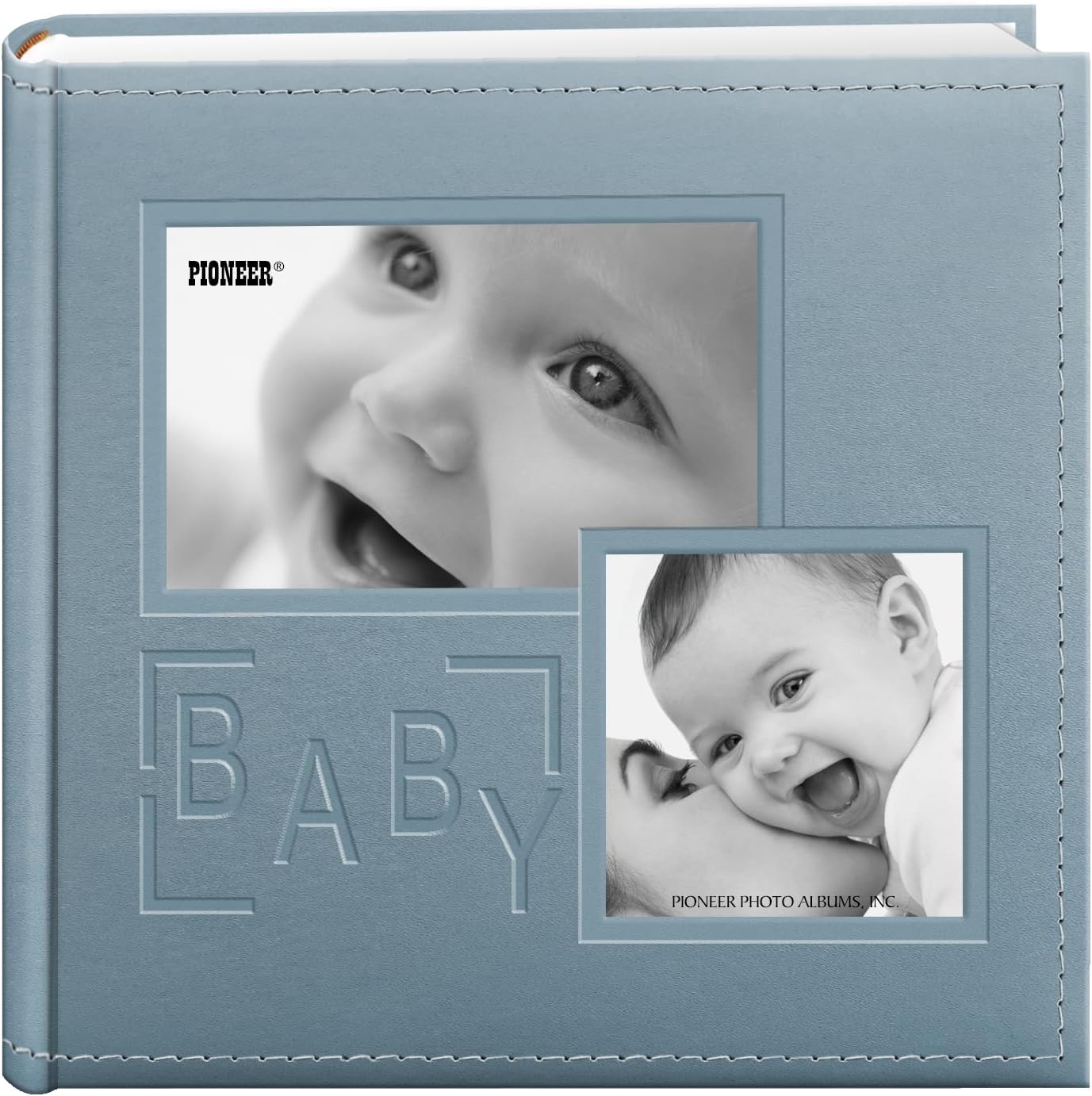 Pioneer Photo Albums embossed baby leatherette photo album front view showcasing blue faux leather cover design.