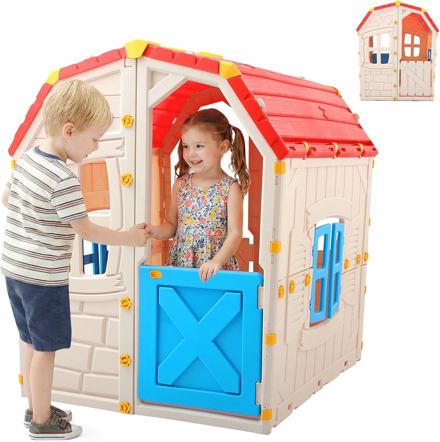 Costzon outdoor playhouse front view of kids cottage clubhouse in red and blue.