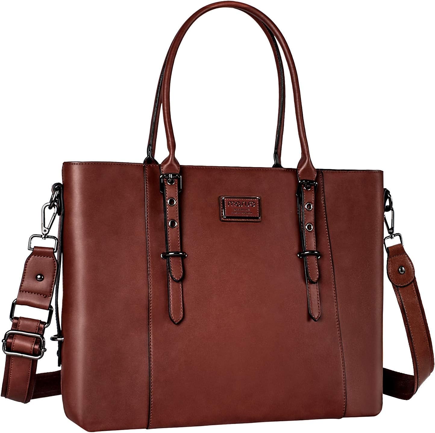 MOSISO polyurethane leather laptop tote bag front view in vintage brown color