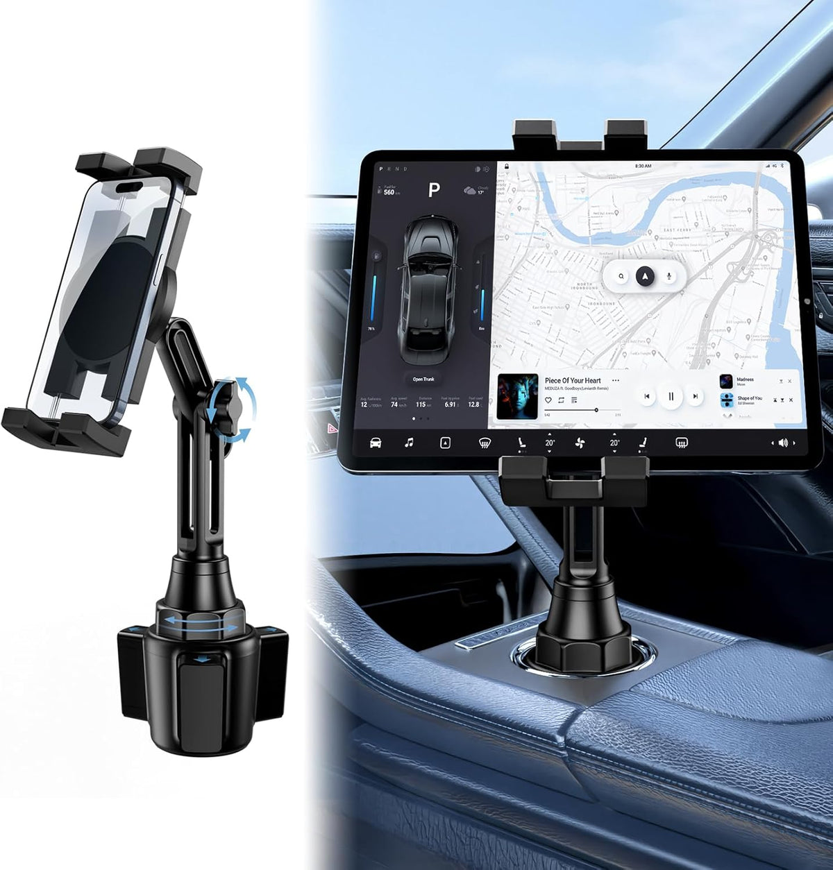 YYDBS car cup holder tablet mount front view holding an iPad in a vehicle console.