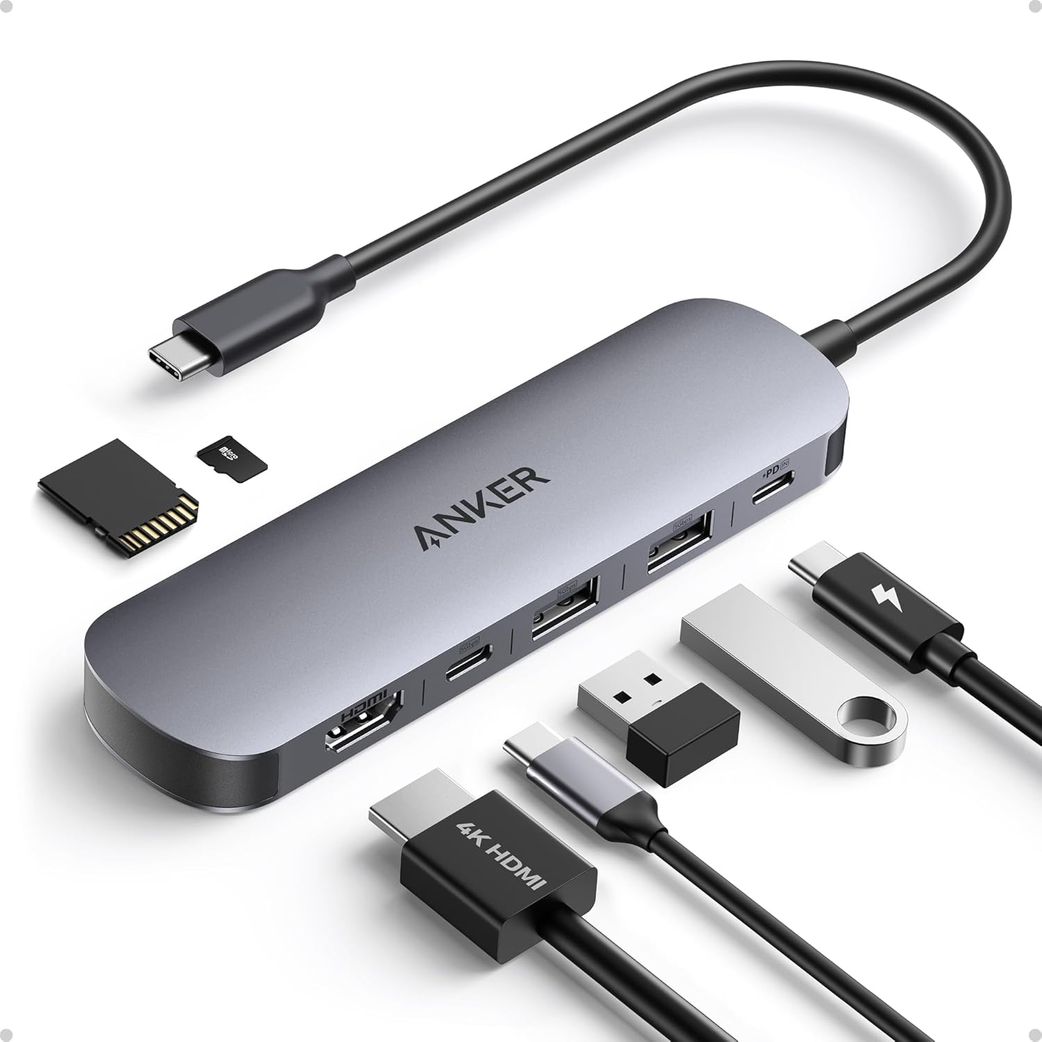 Anker USB C hub front view showcasing aluminum metallic grey chassis and multi-port arrangement.