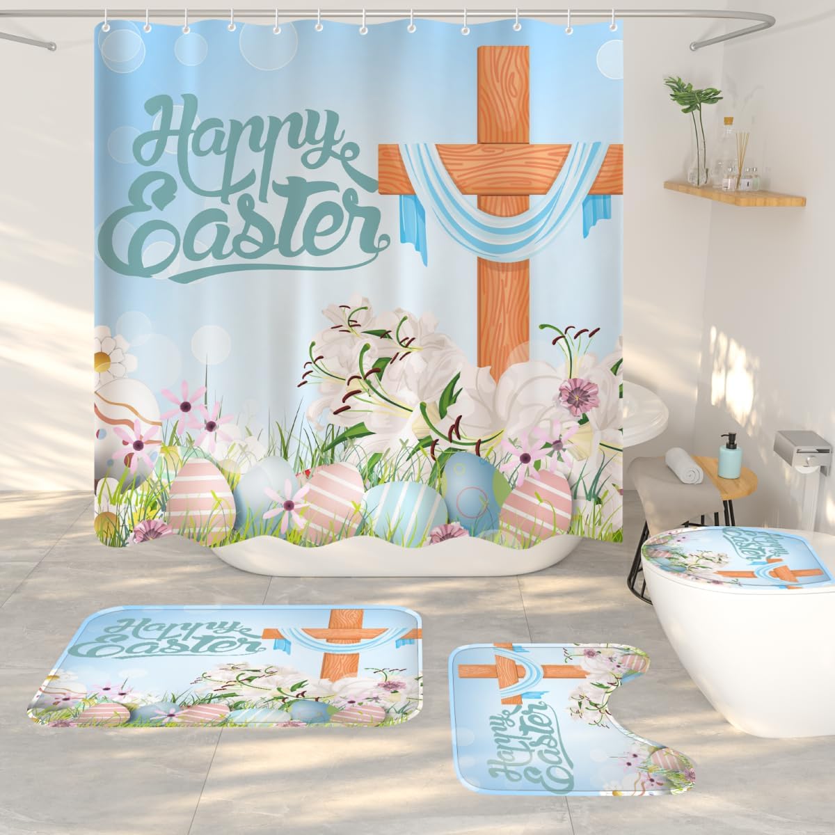 Moagruvo 4 pieces Easter bathroom set with shower curtain and rugs front view
