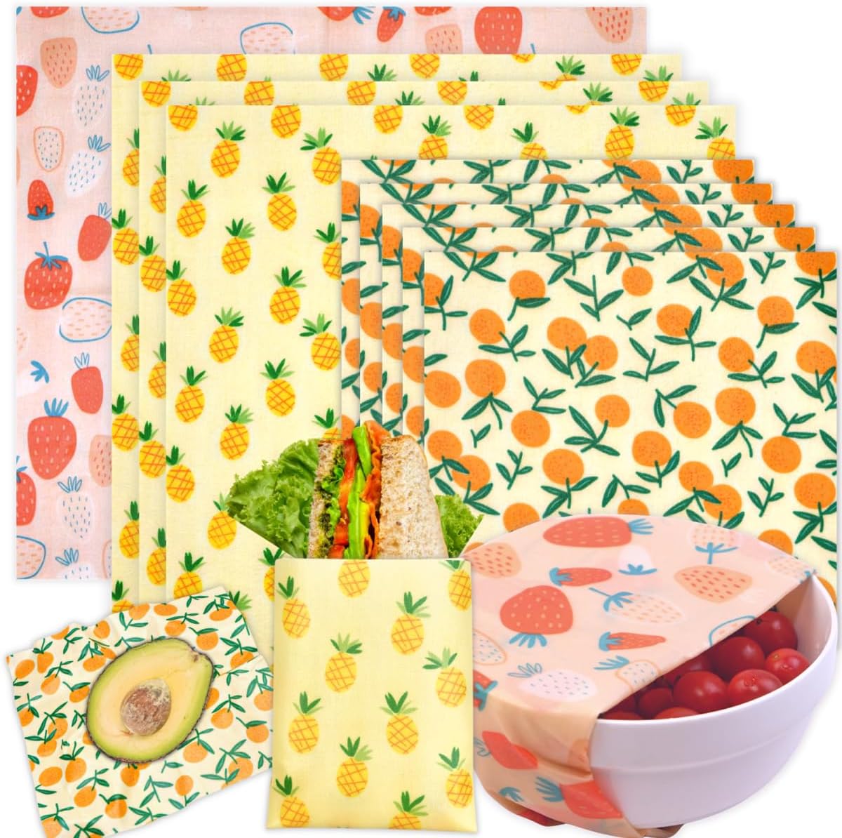 Byttme Reusable Beeswax Wrap 9 Pack front view showing various fruit patterns.