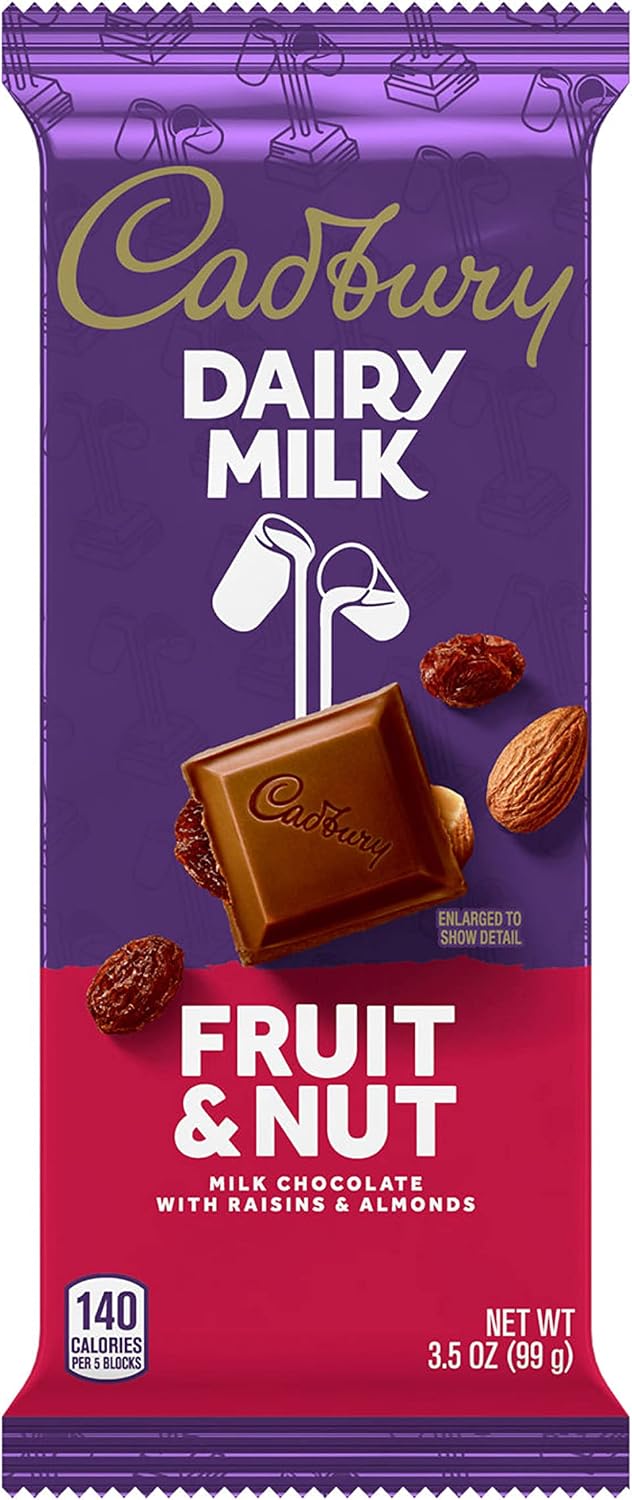 Cadbury Fruit and Nut 3.5 Ounce chocolate wrapper display.