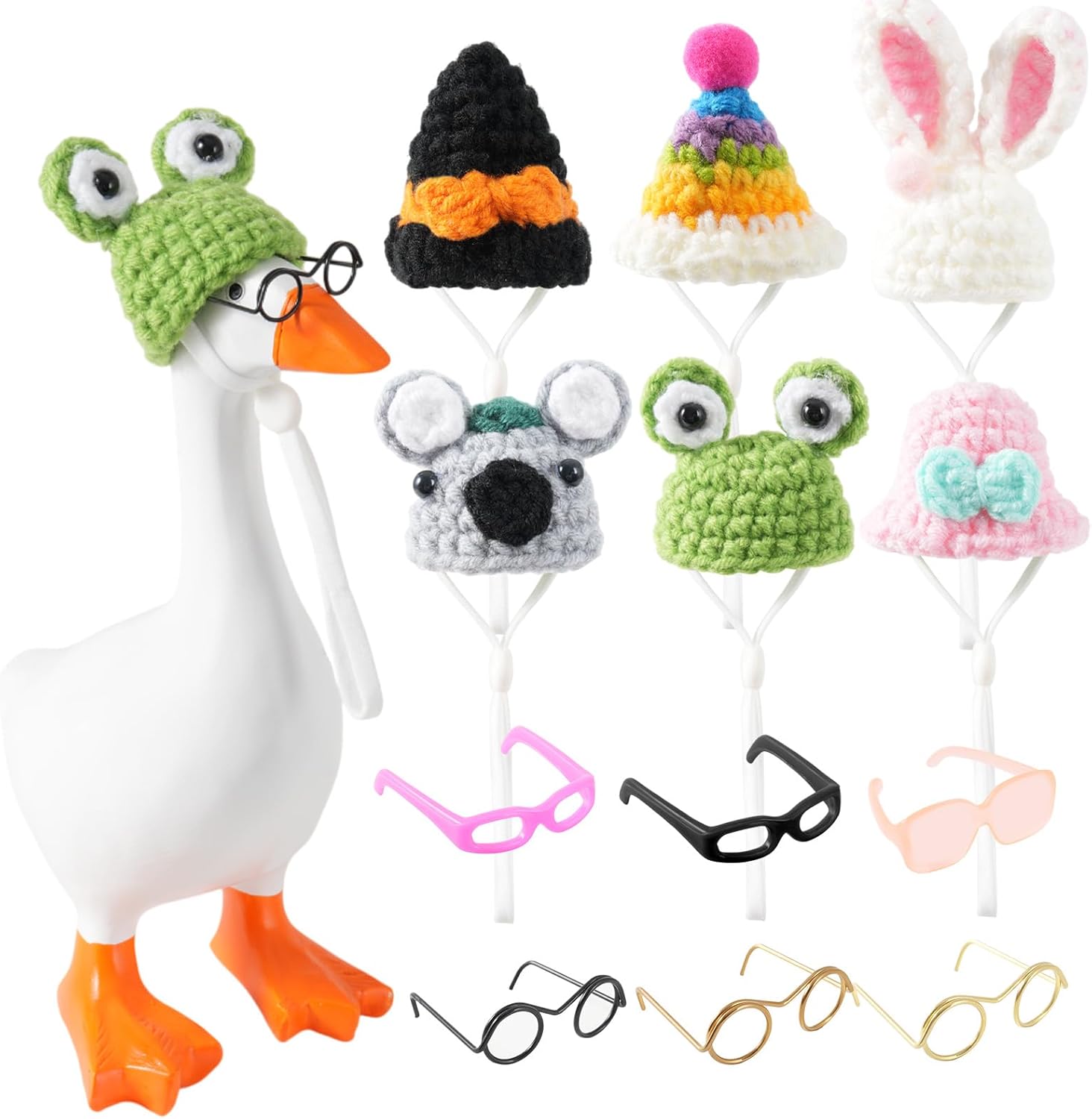 Linastu 6 set desk goose outfits displayed with 7 inch magnetic statue