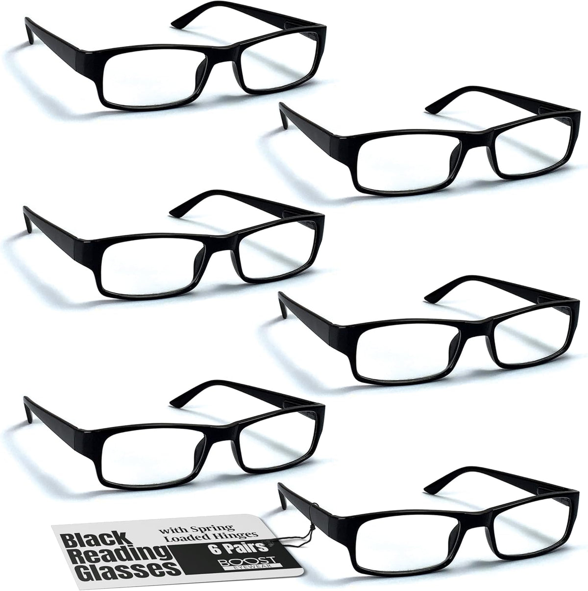 Boost Eyewear 6 pack black reading glasses front view