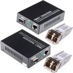 Gesd gigabit fiber media converter pair with SFP modules front view