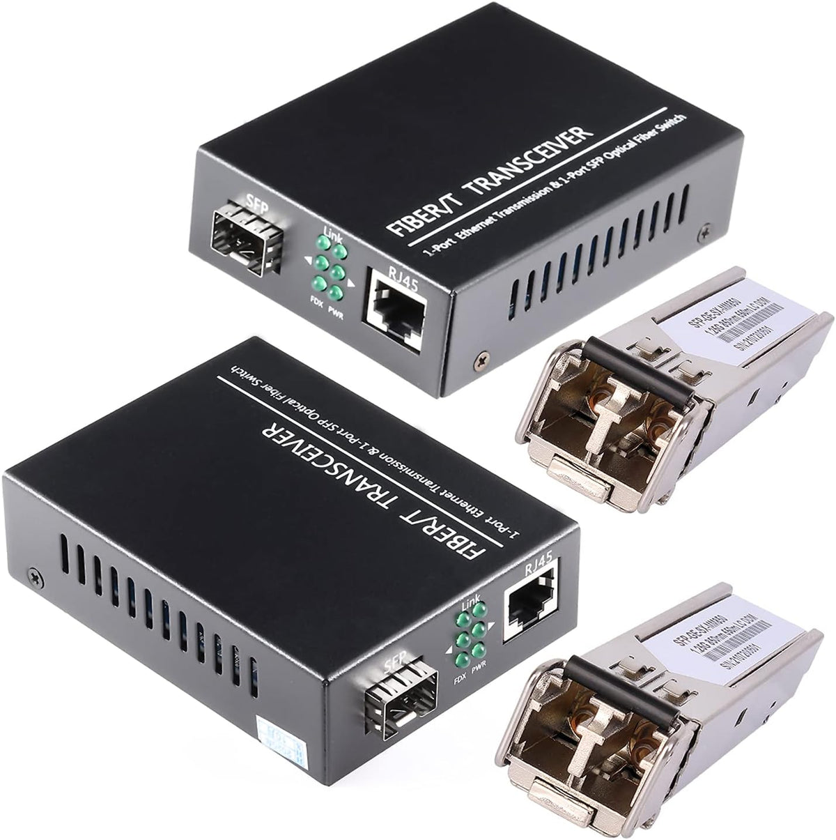 Gesd gigabit fiber media converter pair with SFP modules front view