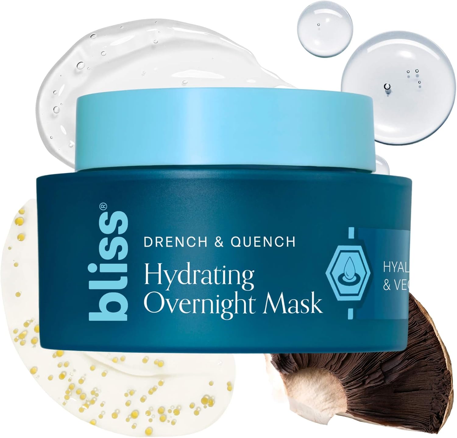 Bliss Drench And Quench Hydrating Overnight Collagen Mask blue jar front view for intense skin hydration