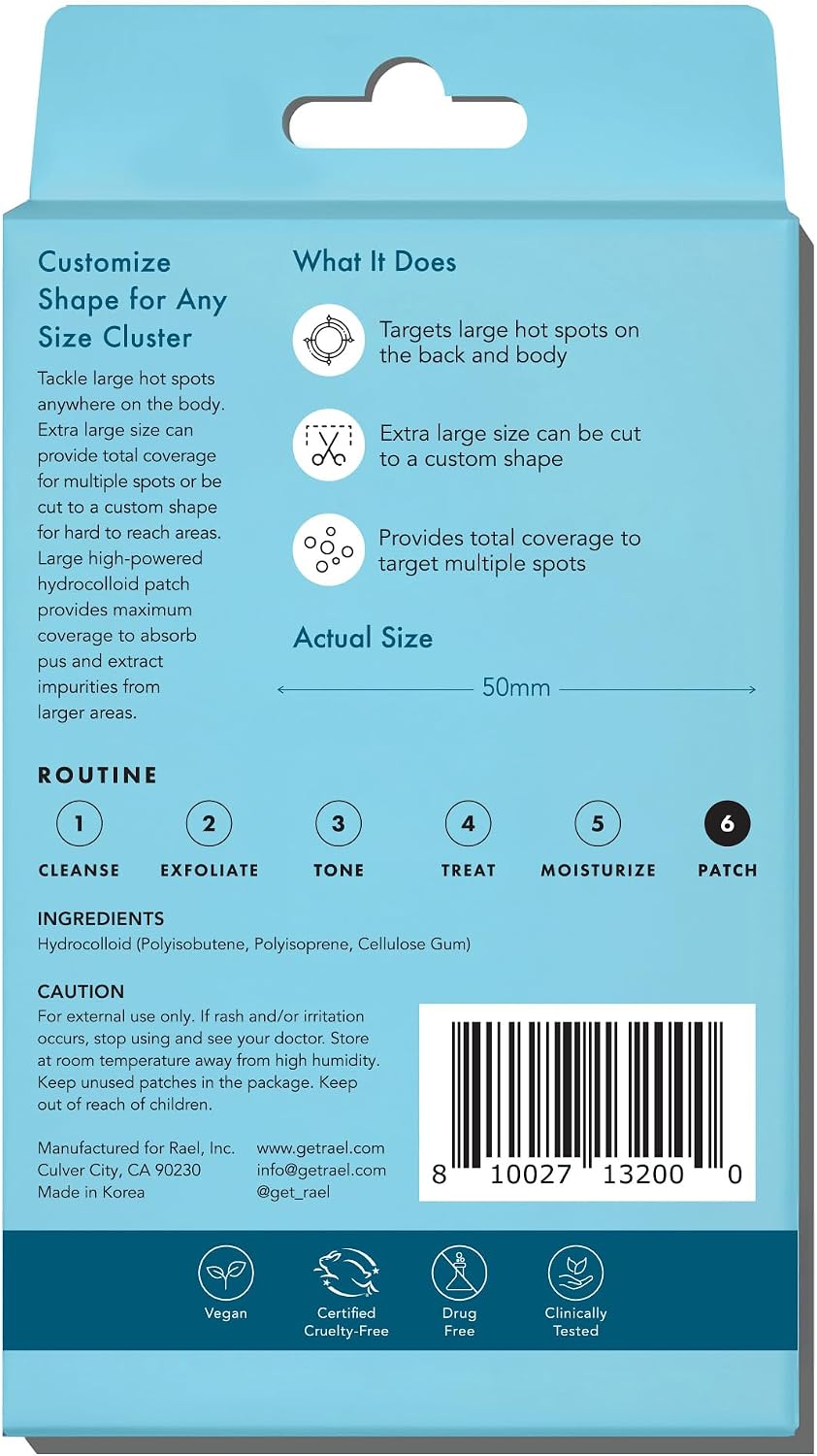 Comparison of standard size acne patch versus the Rael extra large 50mm body patch