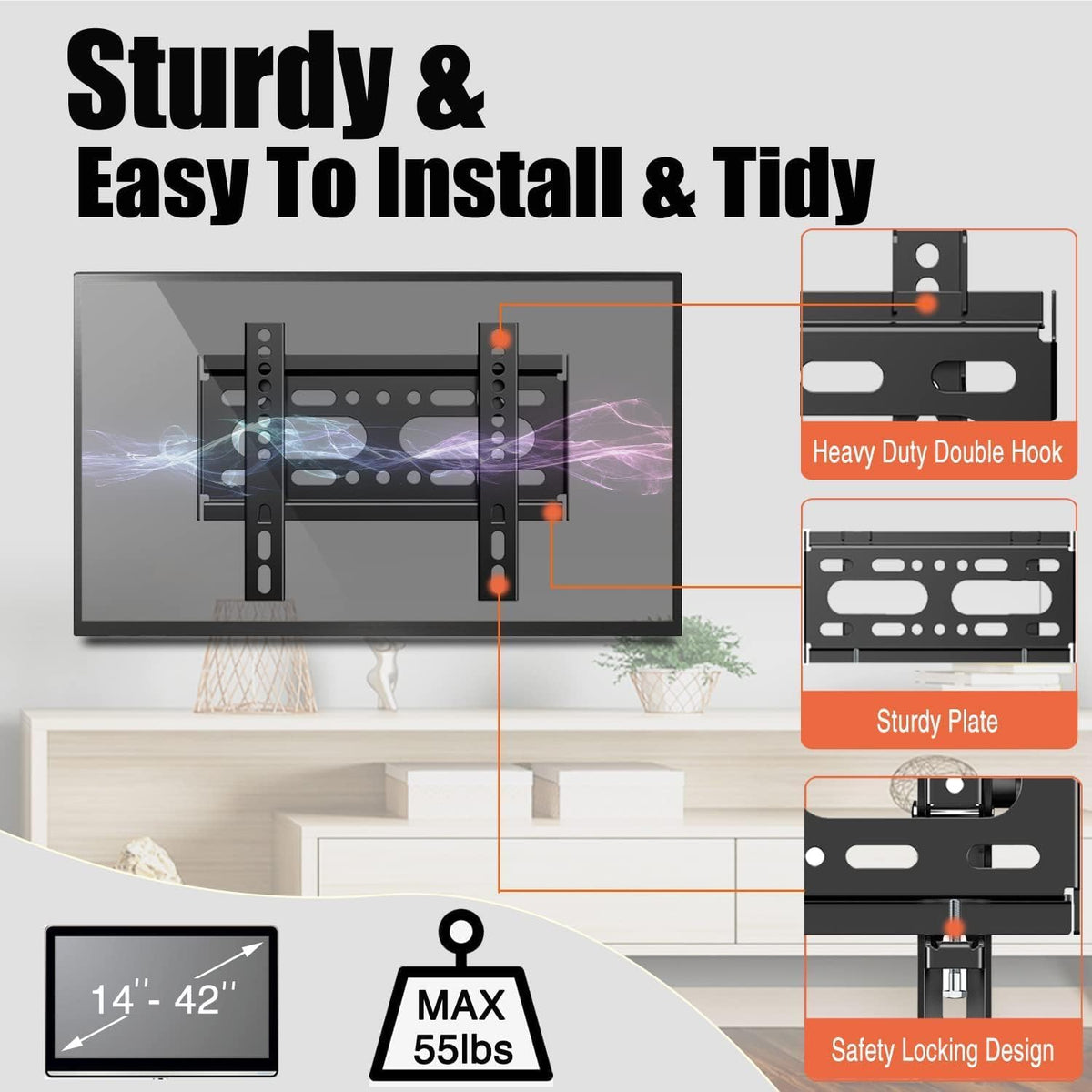 Curved and flat screen television mounting bracket in black finish