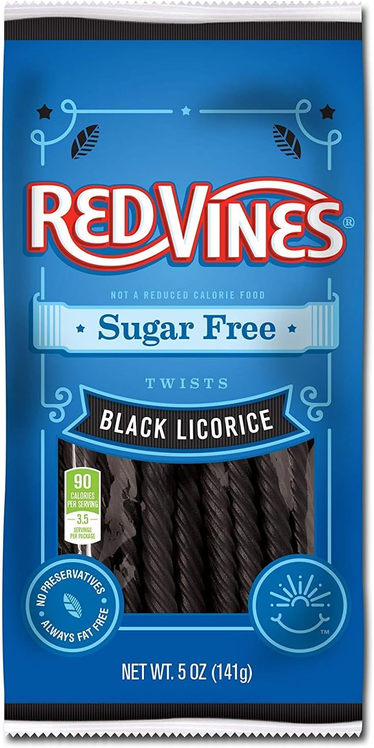 Soft and chewy sugar free strawberry licorice candy twists close up
