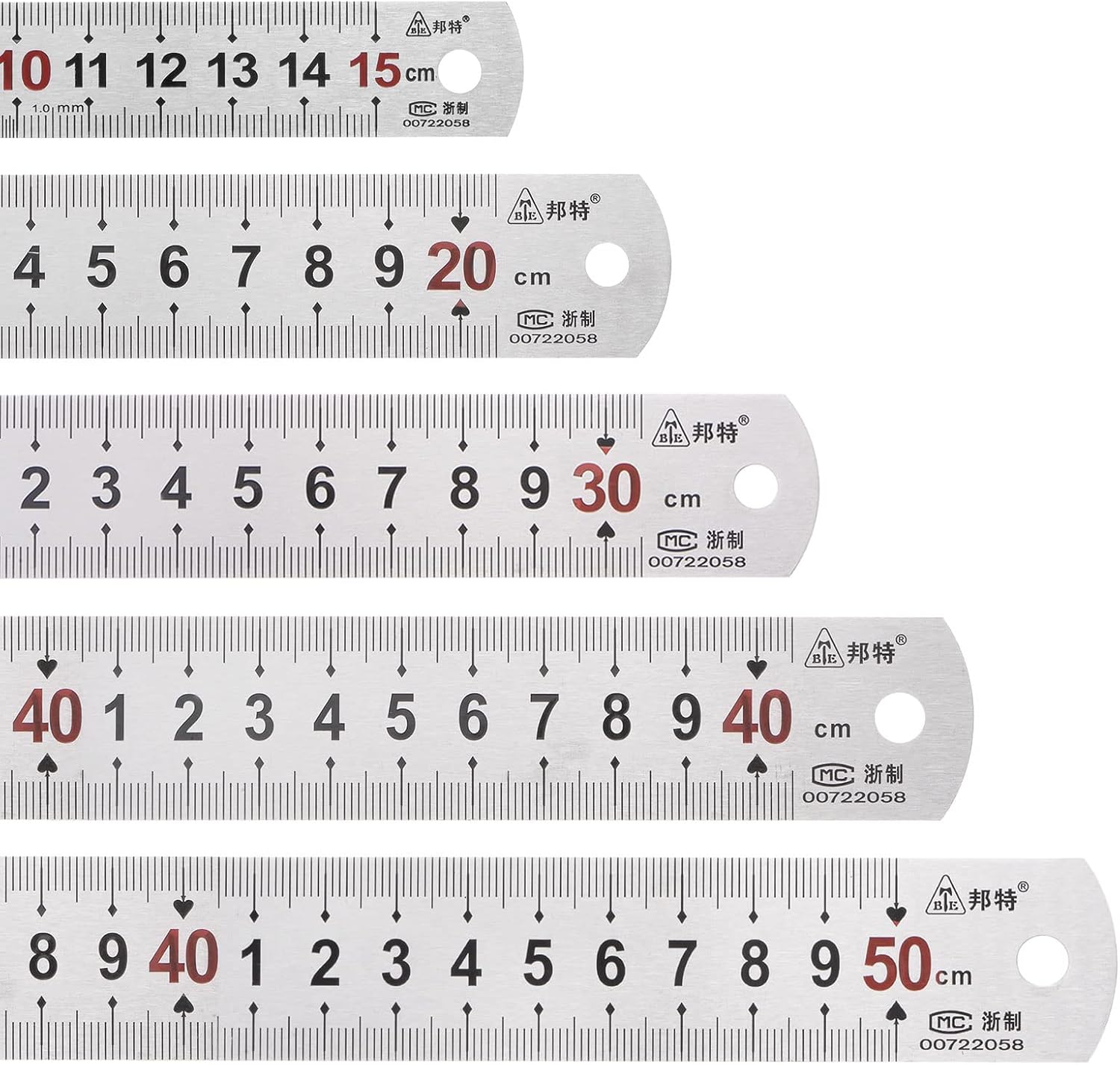 Harfington metal straight ruler set front view displaying all five stainless steel rulers