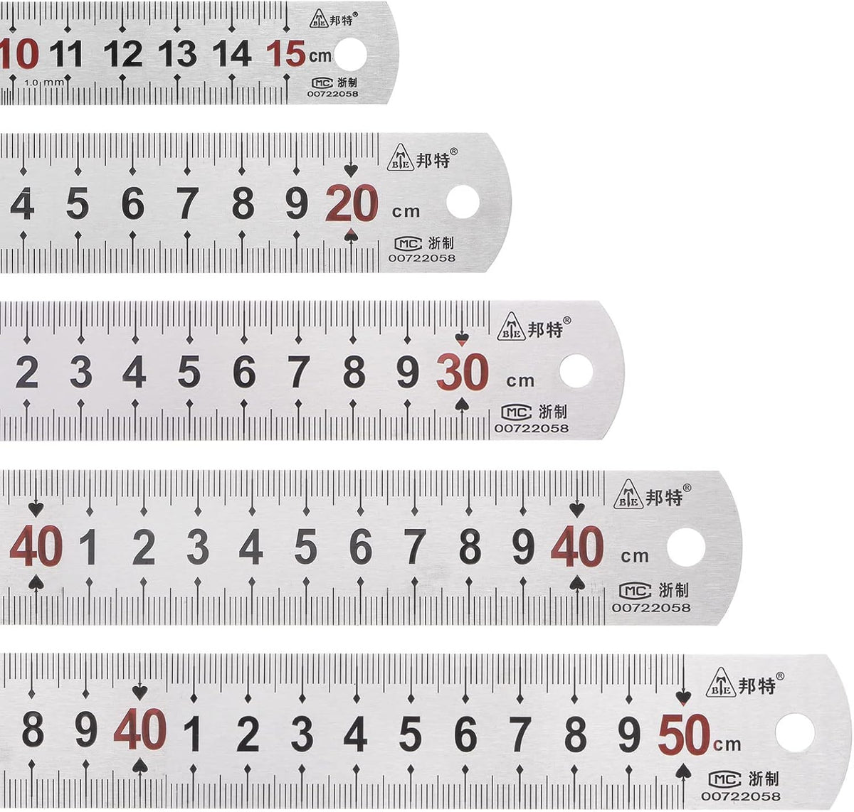Harfington metal straight ruler set front view displaying all five stainless steel rulers