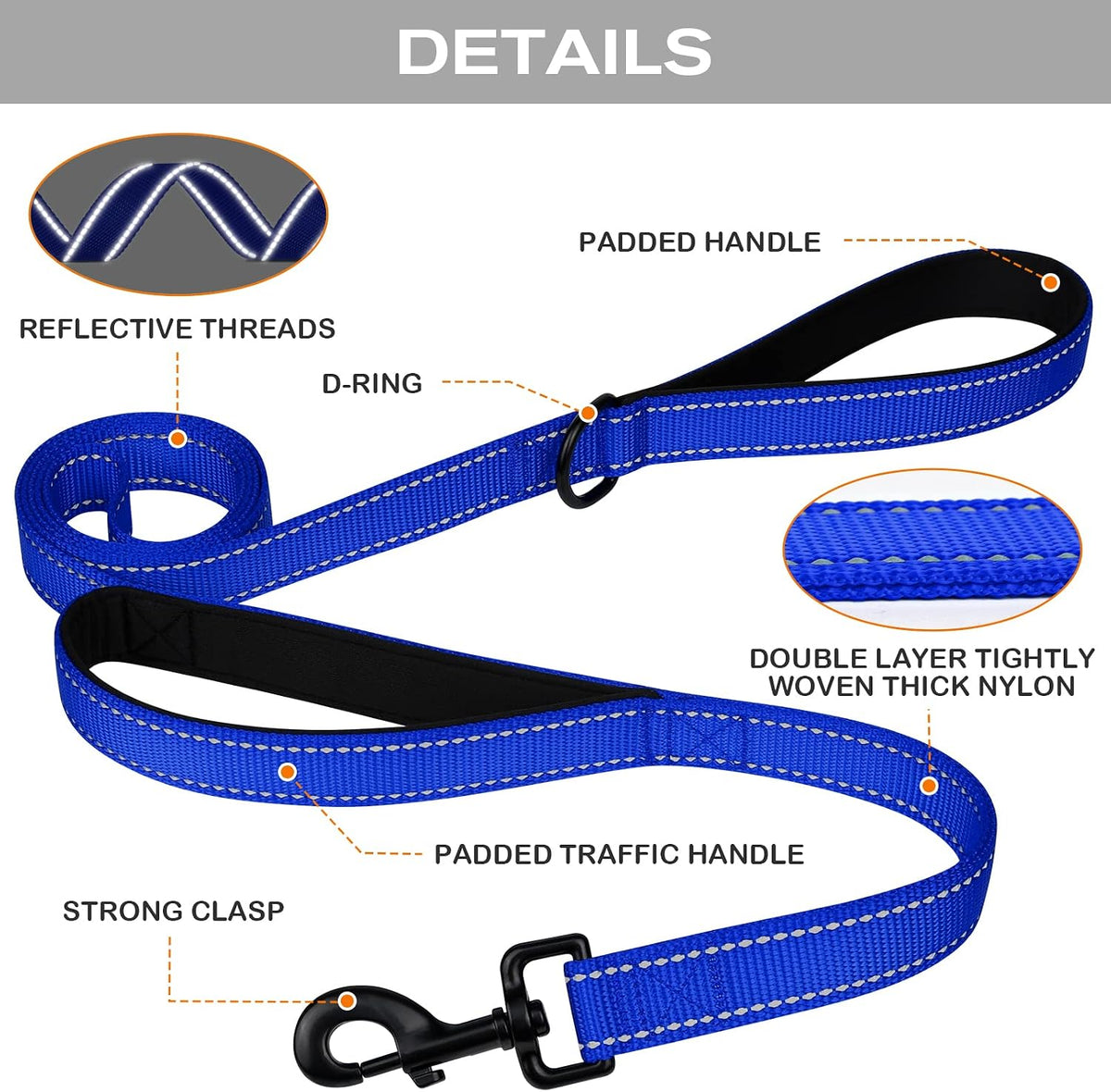 Joytale royal blue leash reflective stitching detail