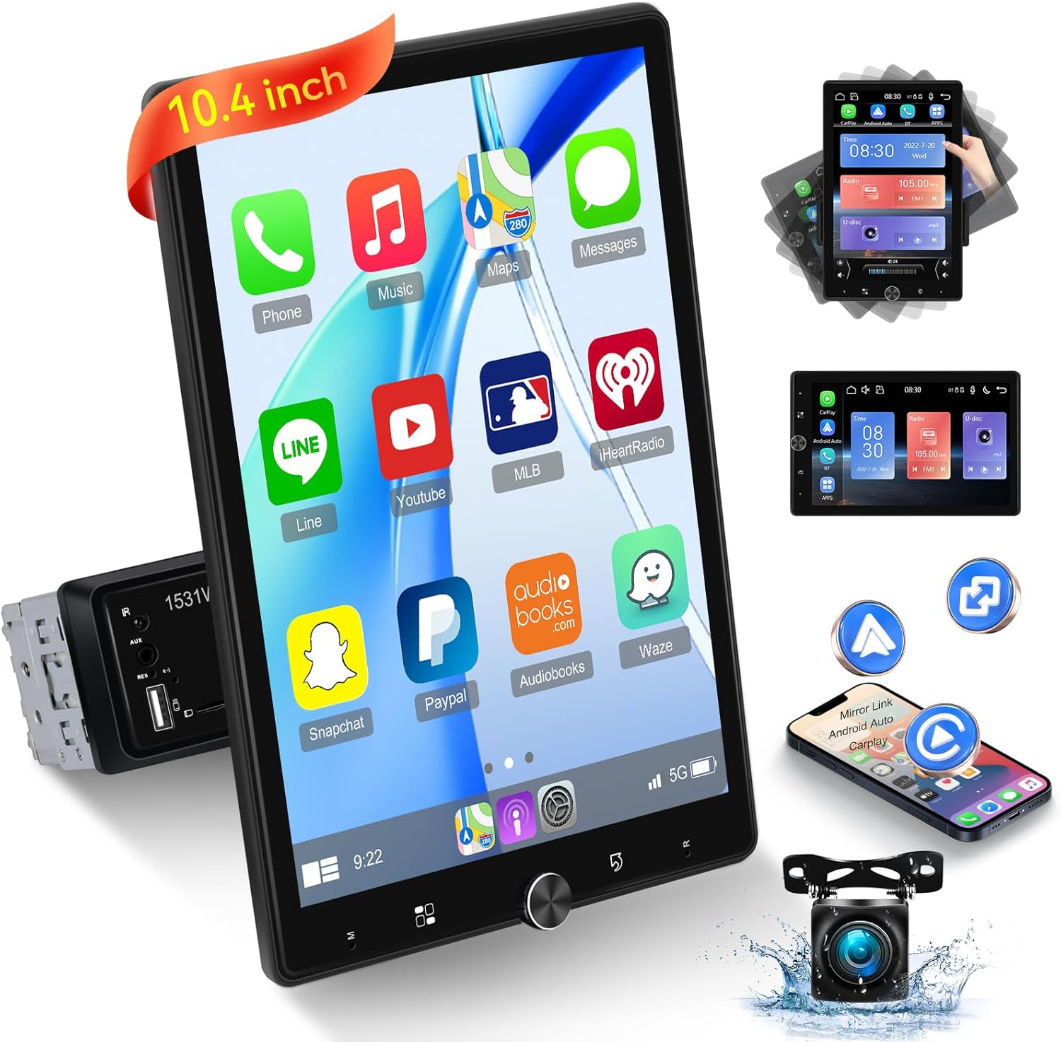 Nhopeew single din car stereo front view showing 10.4 inch vertical rotating touchscreen display