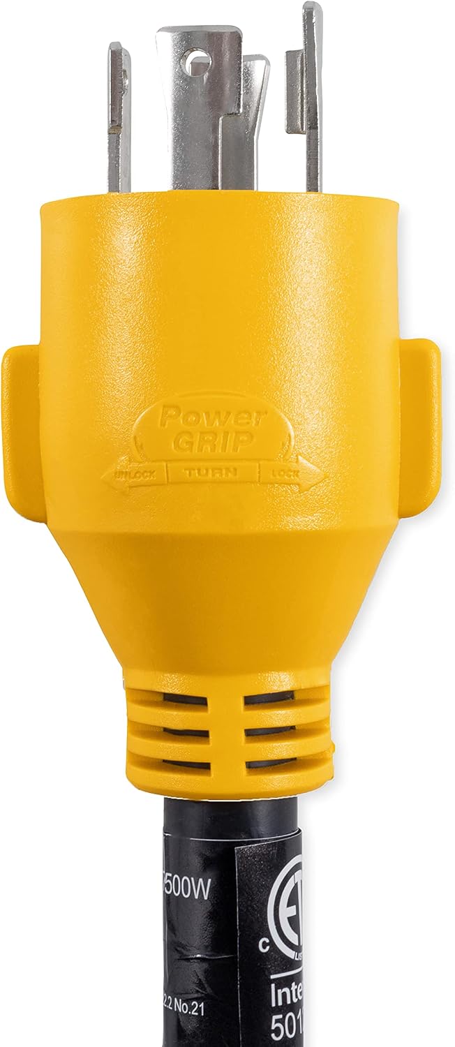 Camco 55422 generator adapter laid out flat to show the 12-inch cord length.