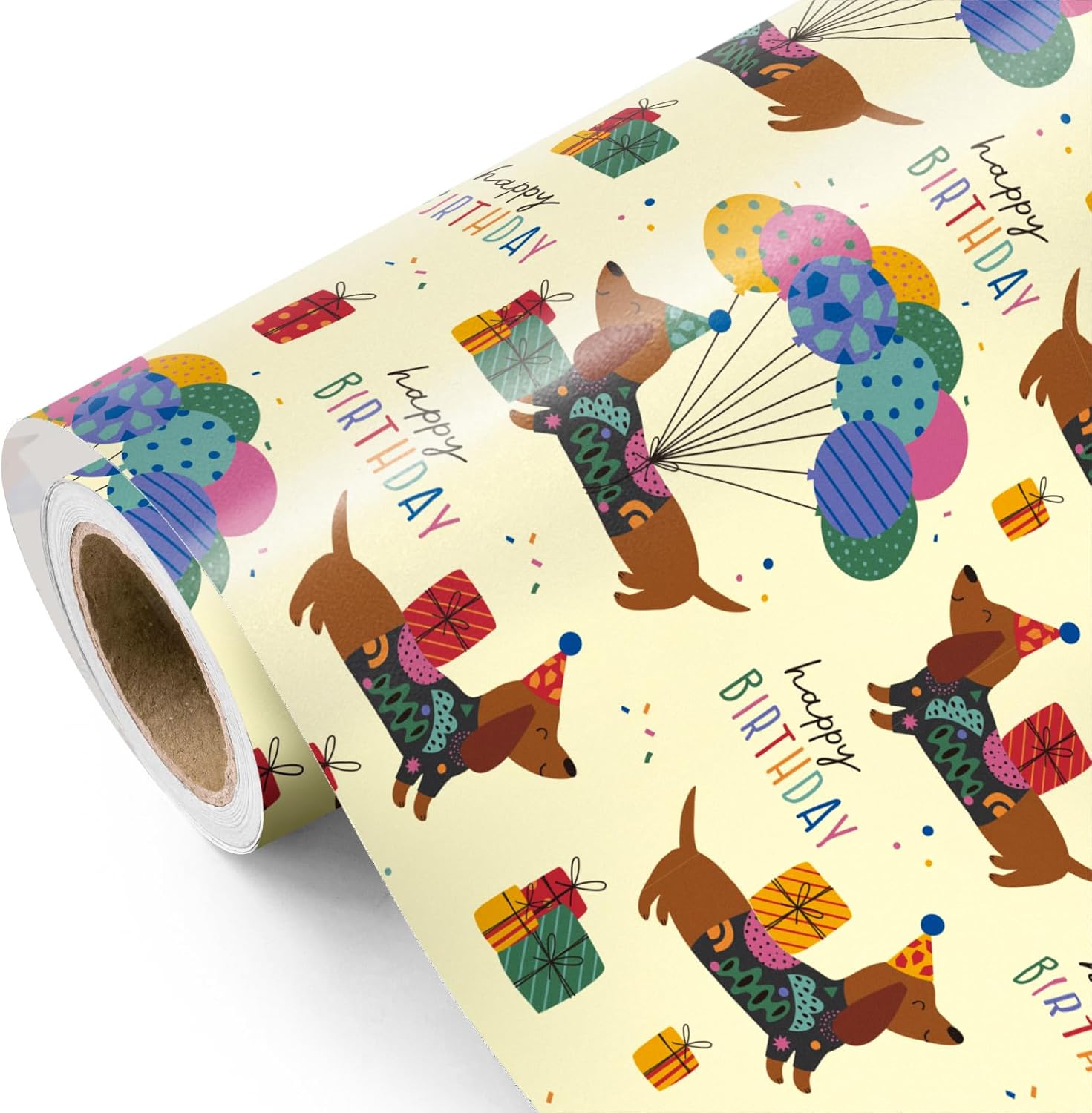 WRAPAHOLIC puppy dog birthday wrapping paper roll front view featuring yellow dachshund design