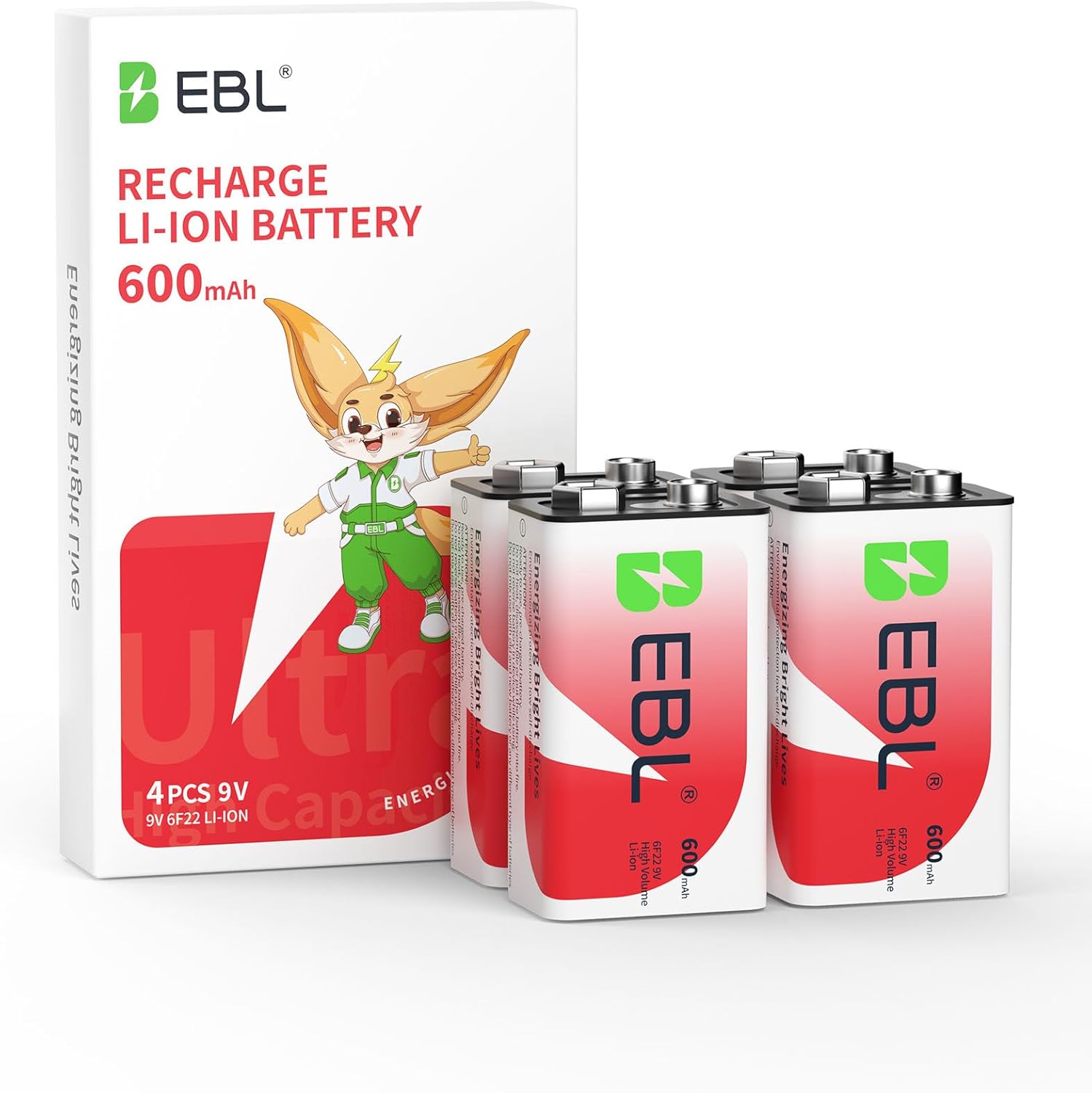 EBL Rechargeable 9V Batteries 9 Volt Li-ion 600mAh Lithium ion Batteries (4-Packs) - Image 1