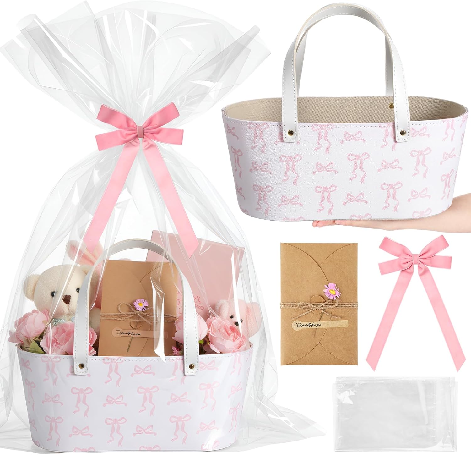 Wonderjune empty leather gift basket front view with pink bow pattern.