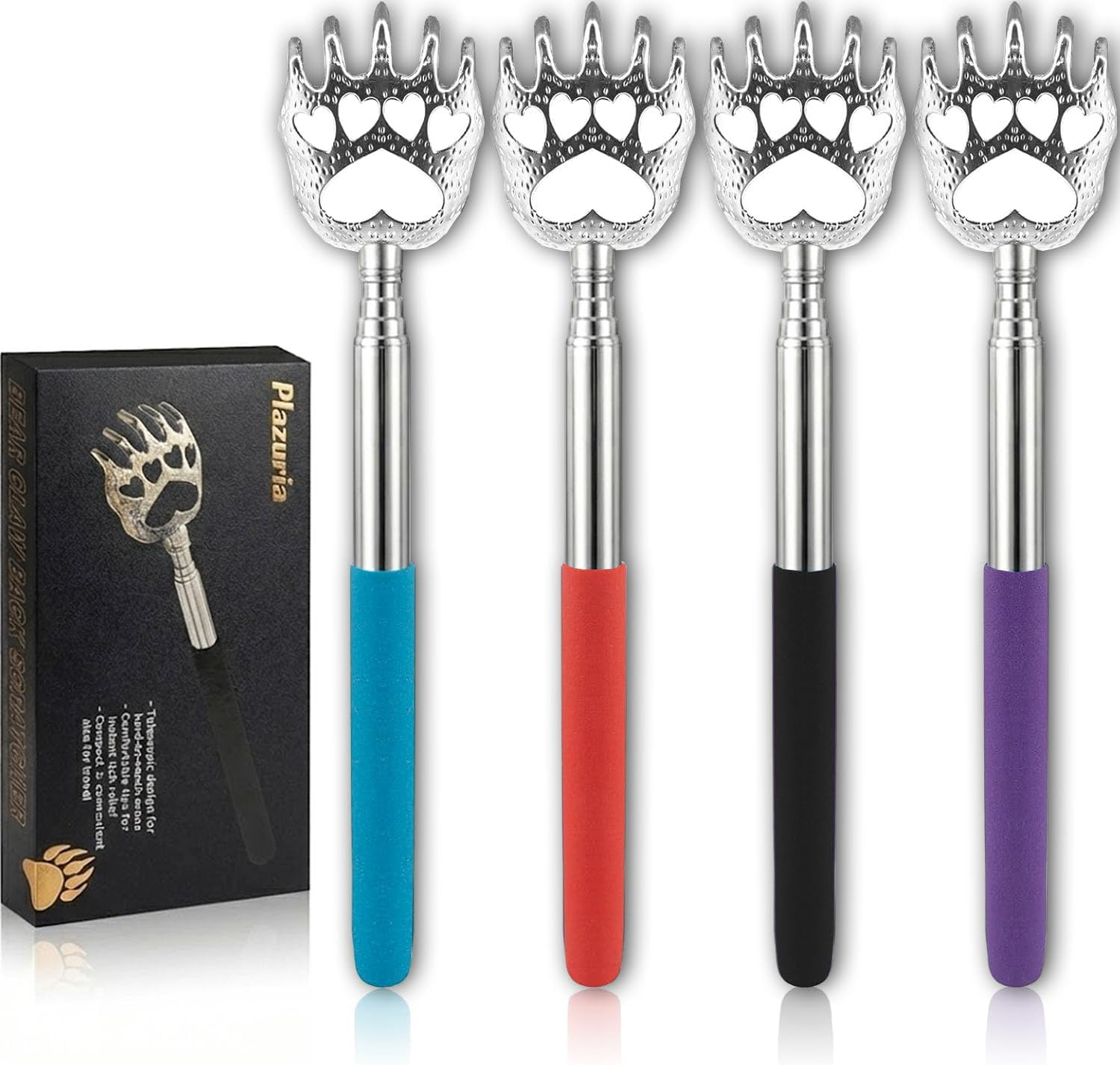 Plazuria 4 Pack Extendable Back Scratchers front view stainless steel metal claws