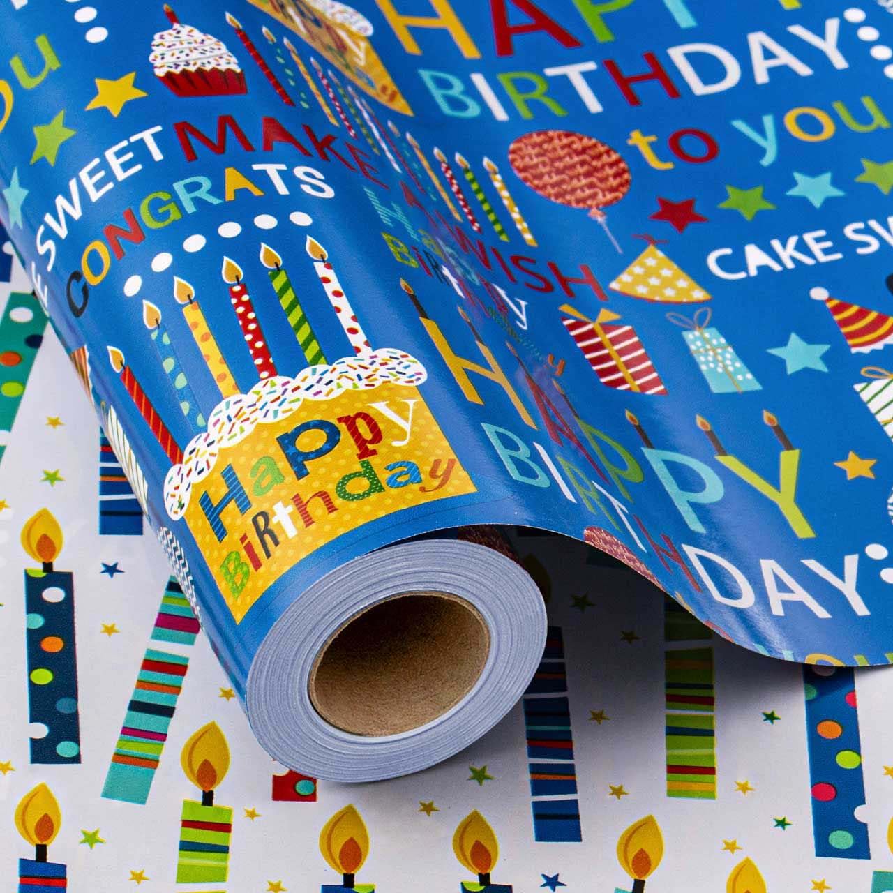 Homeral Blue Birthday Reversible Wrapping Paper Roll front view showing metallic lettering