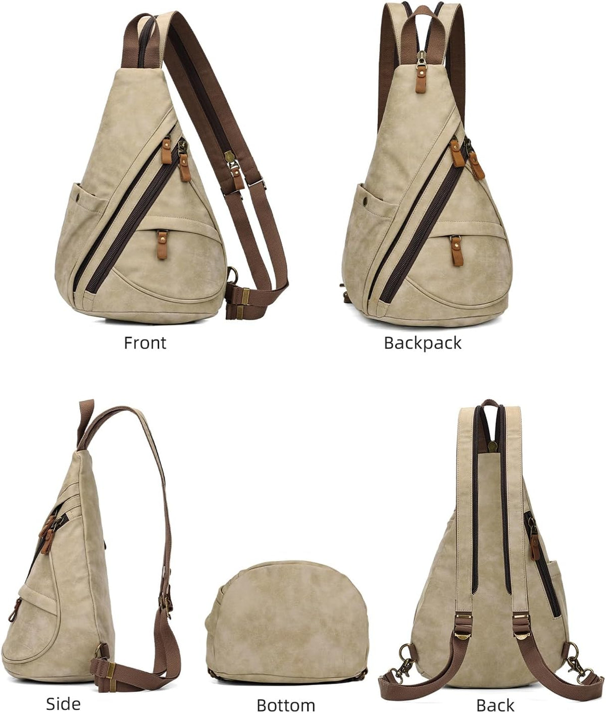 PU Leather Sling Bag - Small Crossbody Backpack Shoulder Casual Daypack Rucksack for Men Women(Khaki) - Image 9