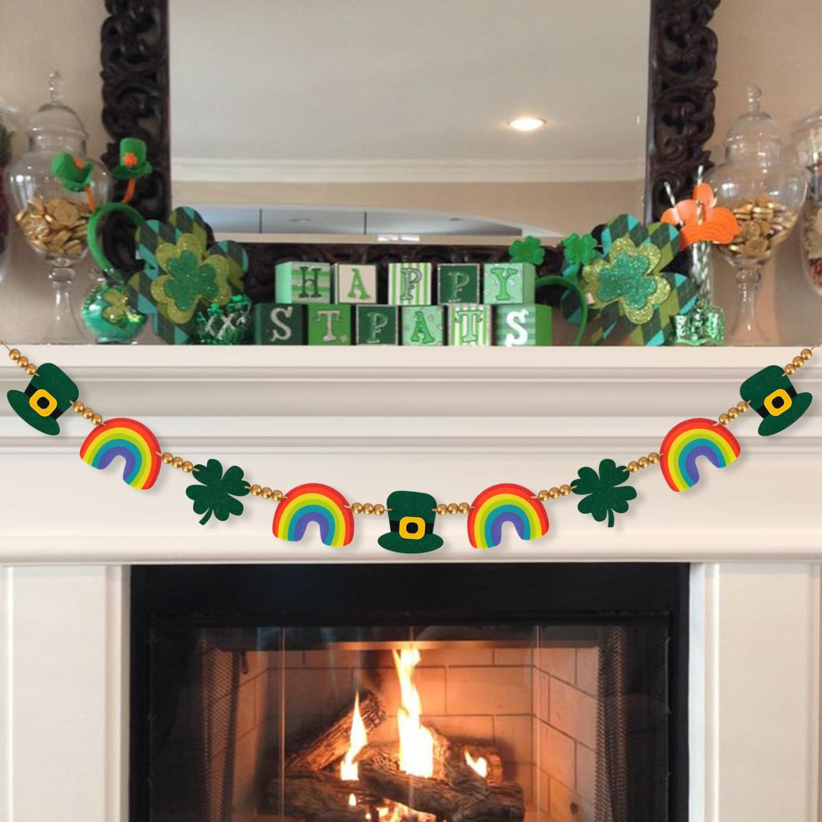 KnomeKo St Patricks Day Banner Decorations front view hanging on a living room fireplace mantle.