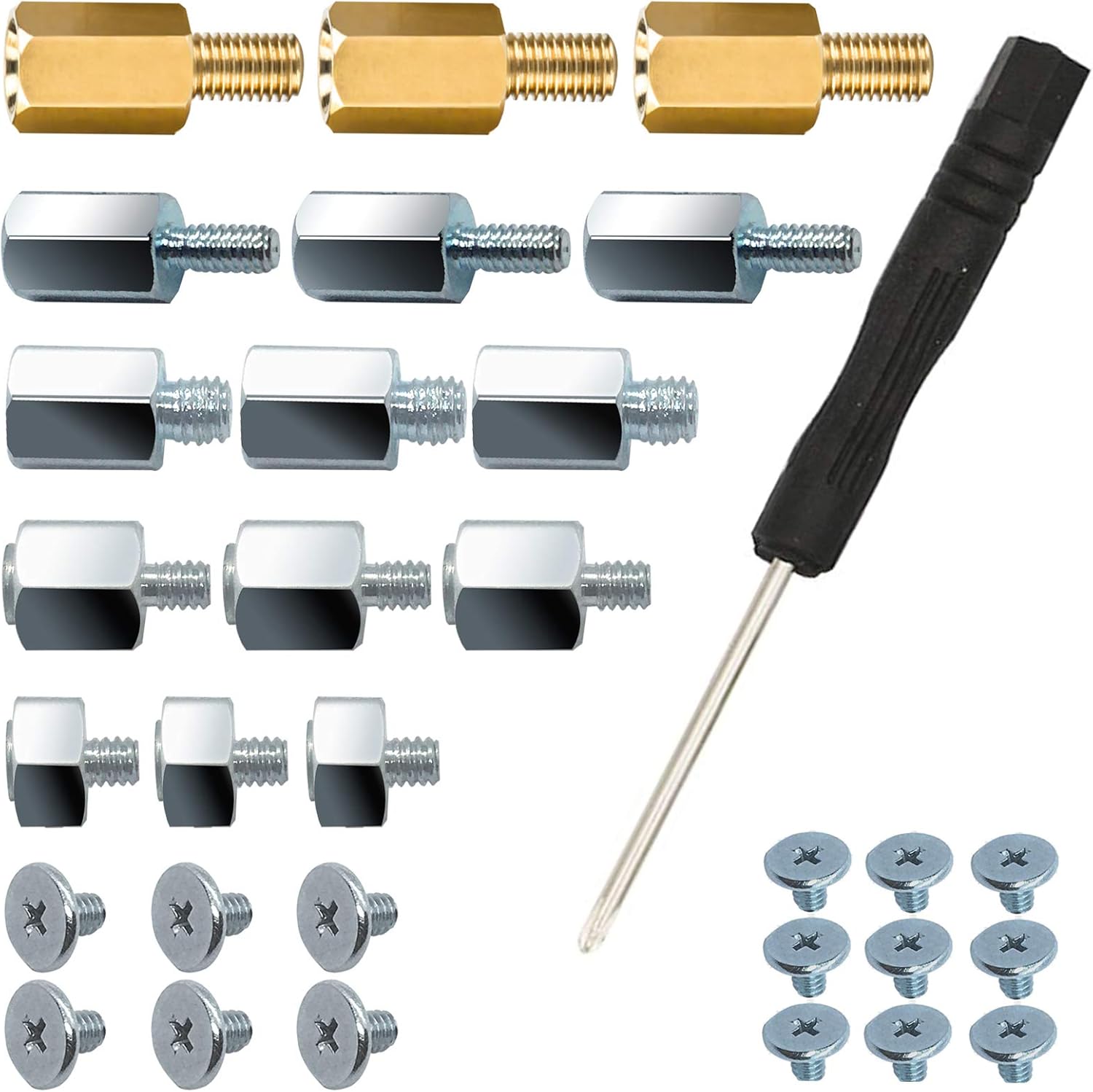 SGTKJSJS PCIe NVMe M.2 SSD mounting screws kit front view layout showing thirty pieces of hardware