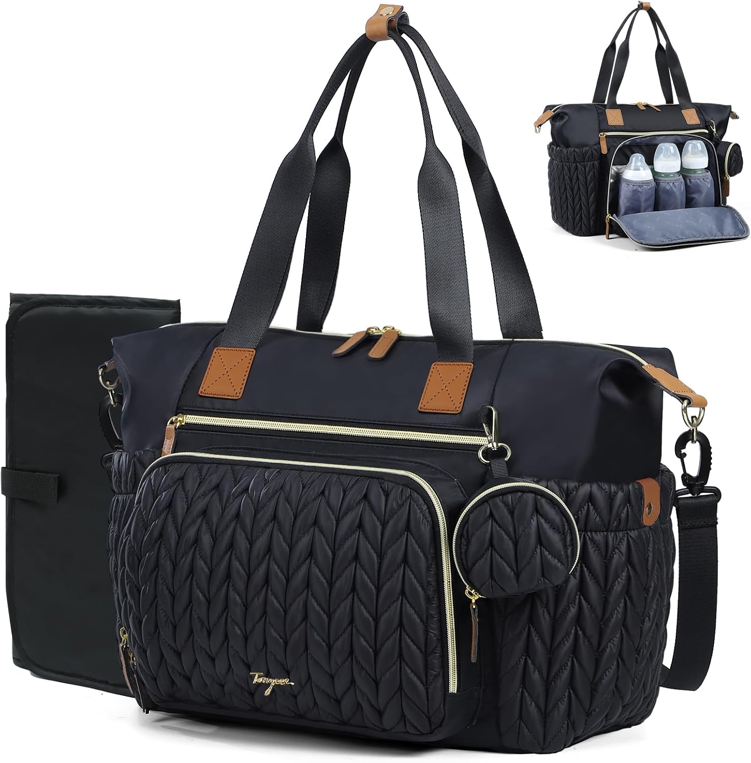 Tonyeee black herringbone large diaper bag tote front view