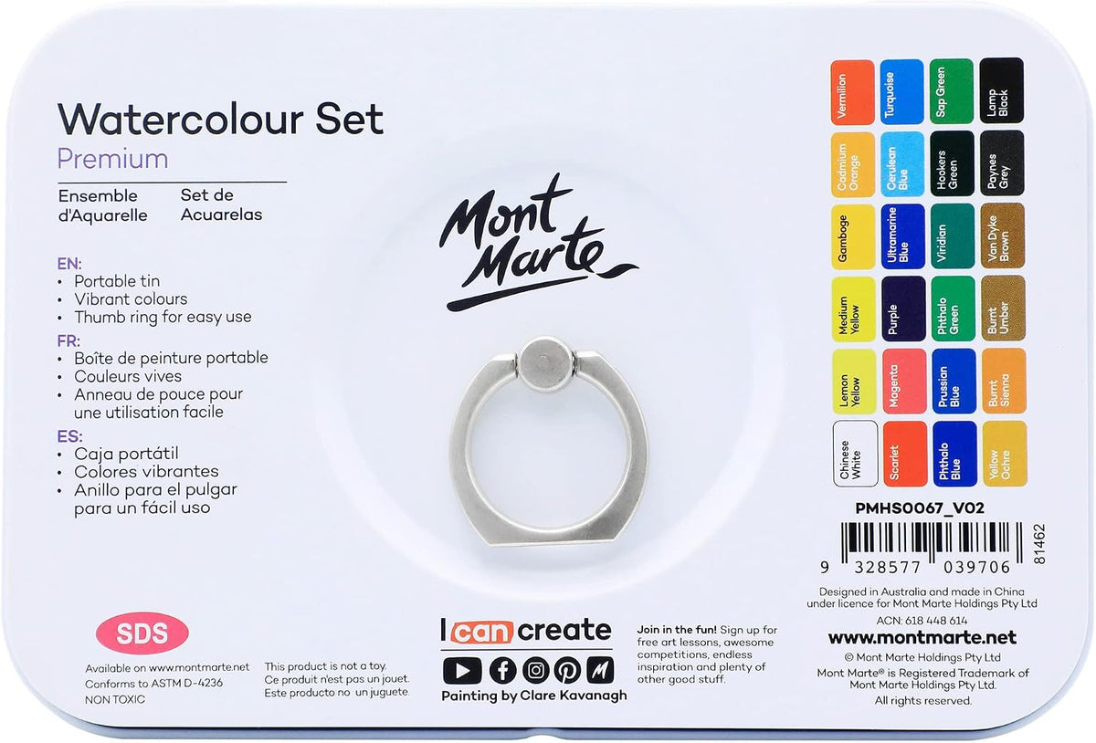 Mont Marte watercolor metal tin opened showing 24 pans and water brush