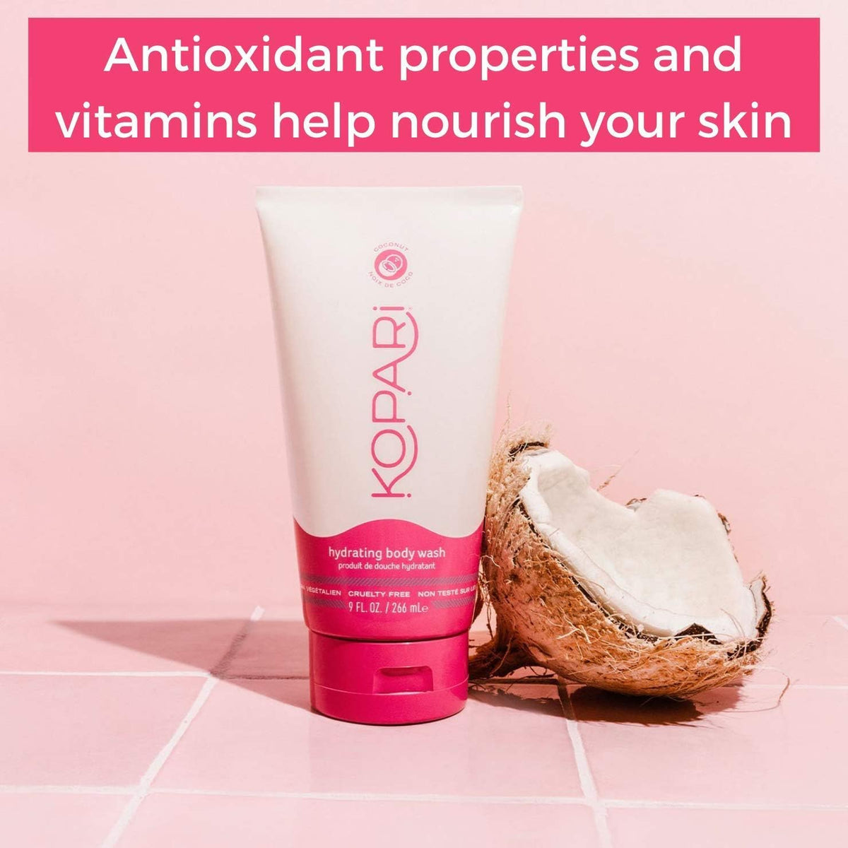 Kopari non-toxic vegan body care set ingredient callouts showing organic coconut oil and sea kelp