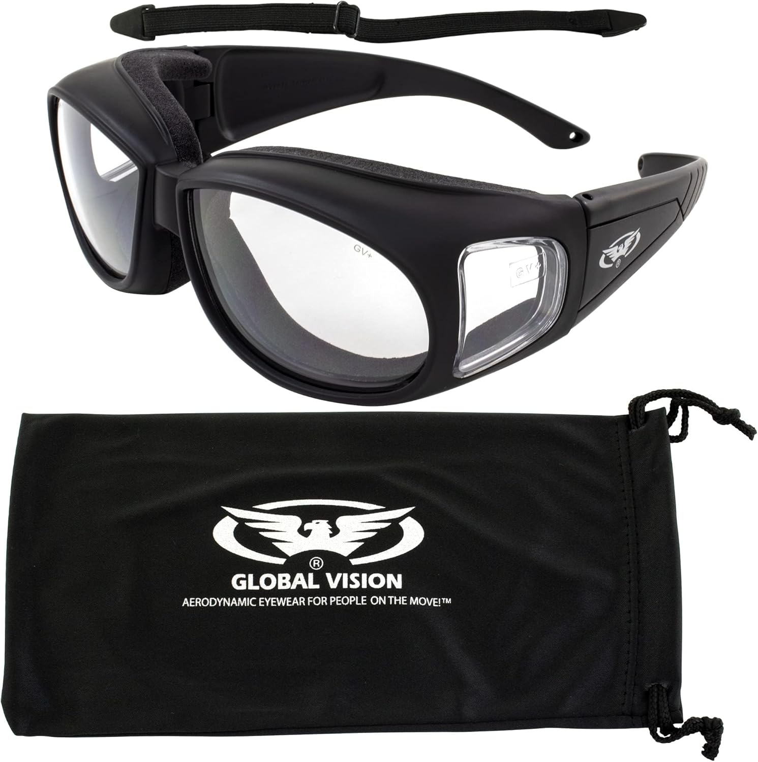 Global Vision Outfitter motorcycle safety sunglasses front view featuring clear lenses and black frame
