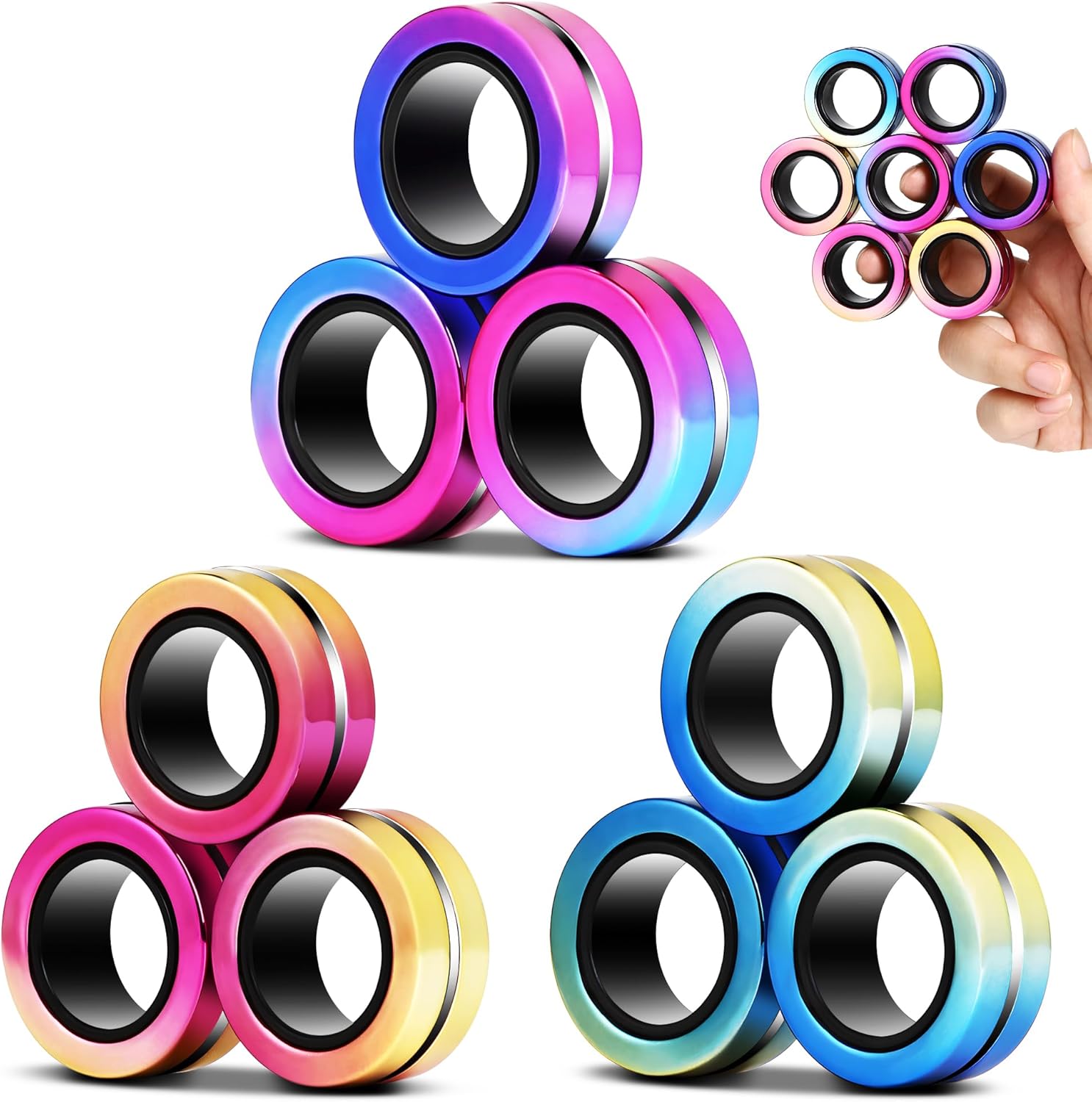 Jawhock magnetic rings fidget toy set front view showcasing multi colored electroplated designs