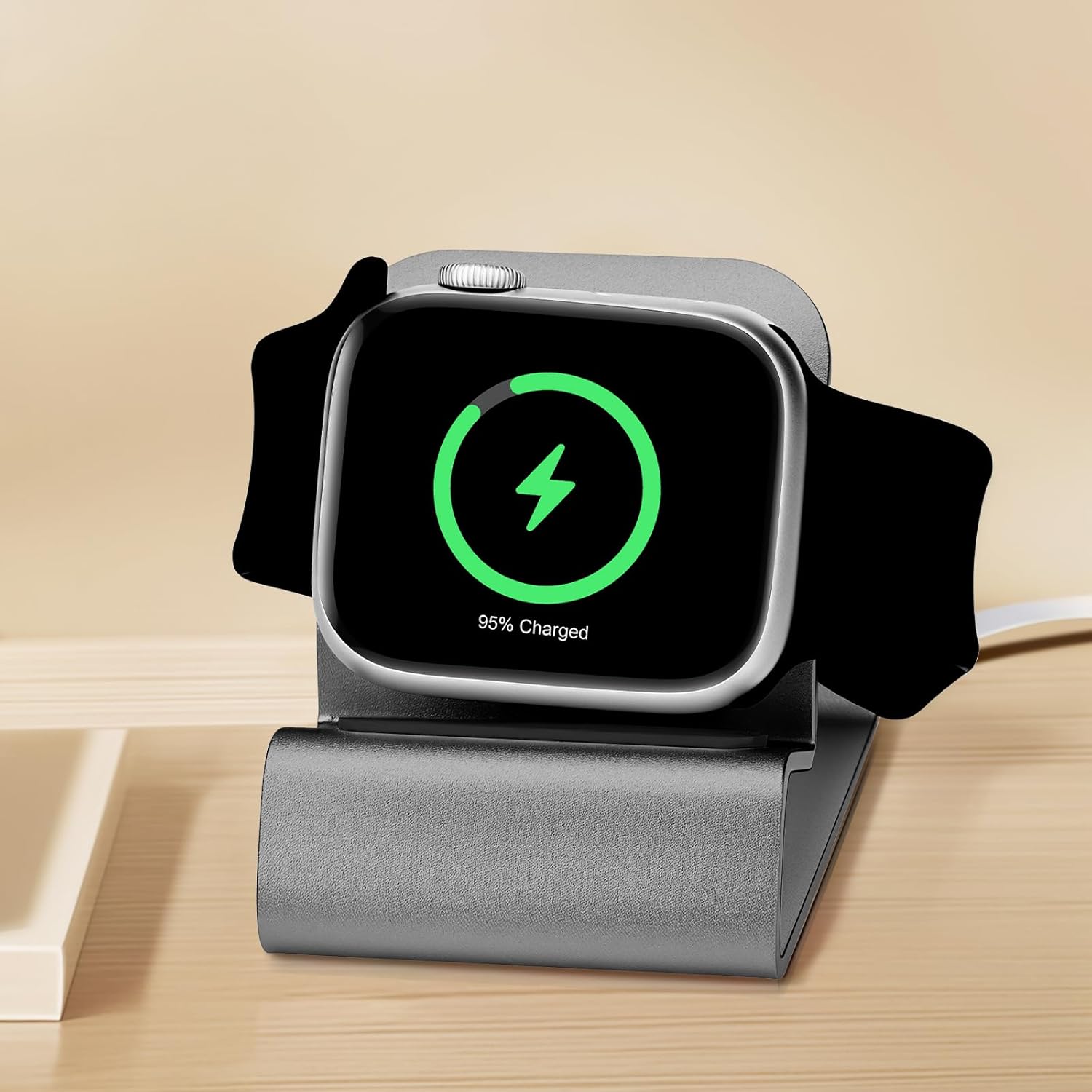 Dropy premium apple watch charging stand front view in grey aluminum