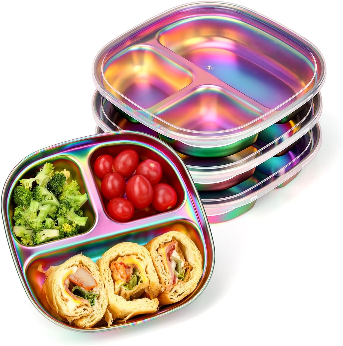 Aieve stainless steel kids plates with rainbow finish and lids