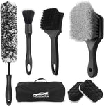 NIKCOSMK 7-piece car wheel brush kit front view showcasing the complete set of detailing tools and organizer bag.