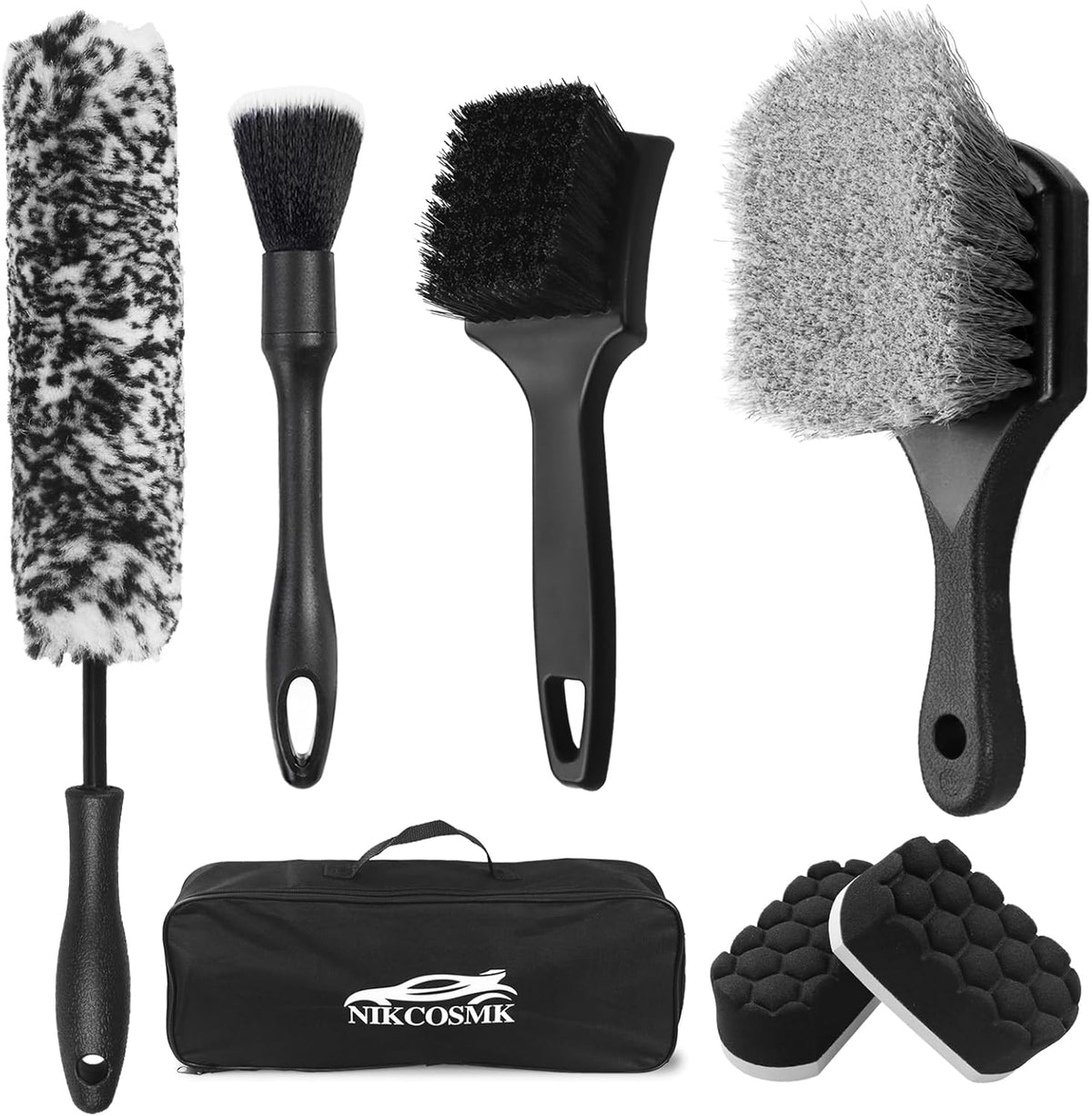 NIKCOSMK 7-piece car wheel brush kit front view showcasing the complete set of detailing tools and organizer bag.