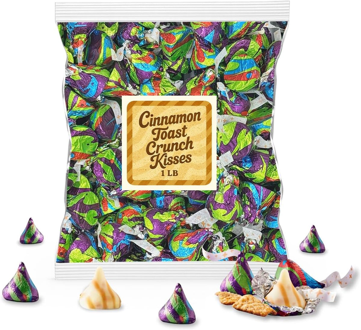 Festive glass candy bowl filled with cinnamon sugar crunch kisses.