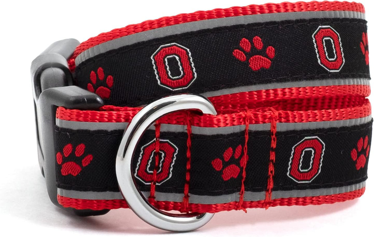 The Worthy Dog Ohio State Buckeyes dog collar front view featuring black nylon and team logo ribbon.