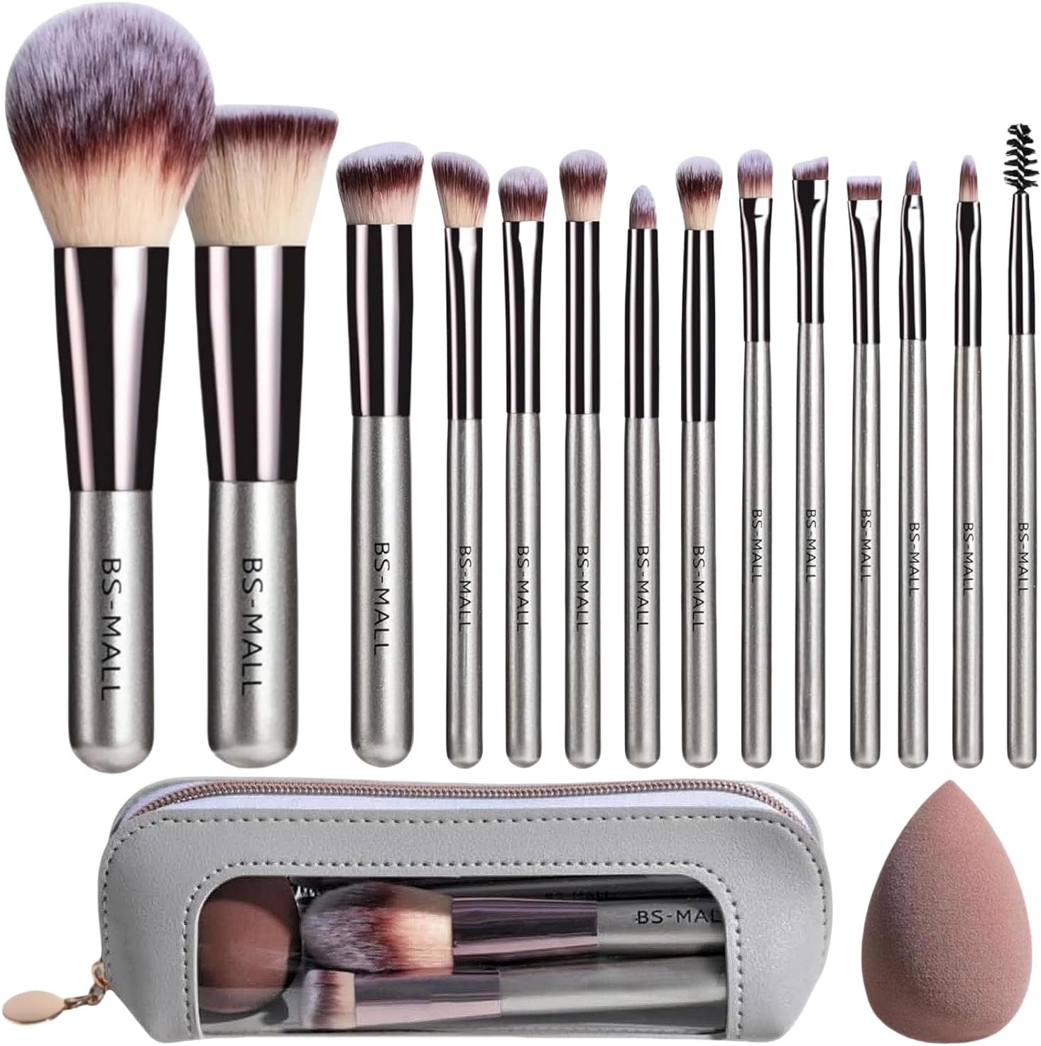BS-MALL 14 piece travel makeup brush set champagne front view with gray pouch