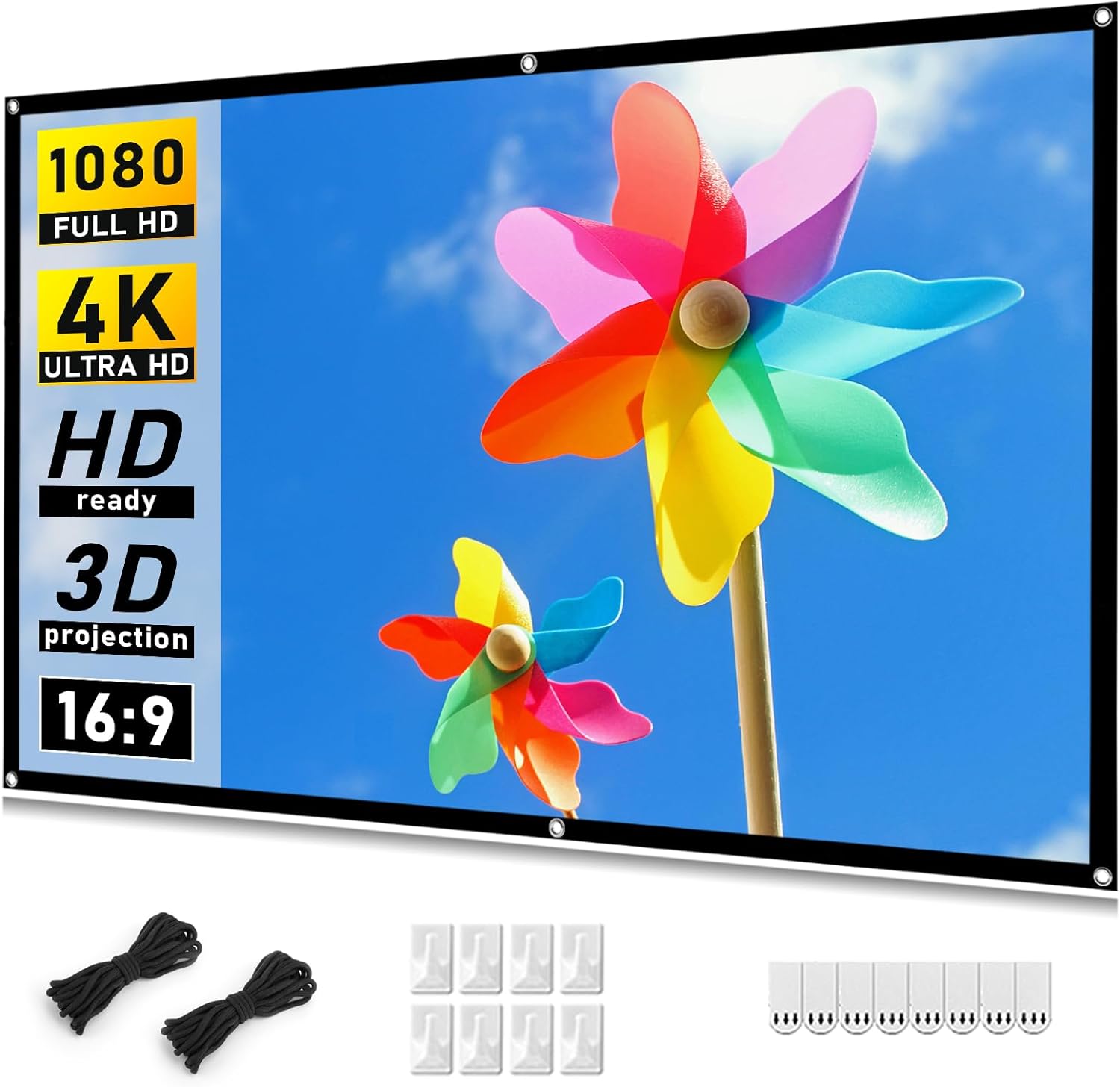 Taotique 72 inch projector screen front view displaying high definition movie playback outdoors.